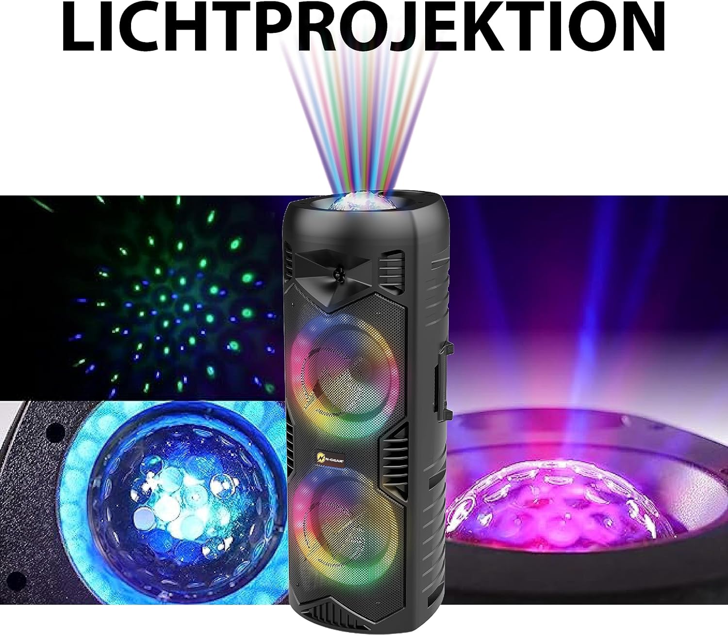 Close-up of the N-Gear Let's Go Party 5150 speaker showing the light projection from the top and colorful LED rings on the speaker cones.