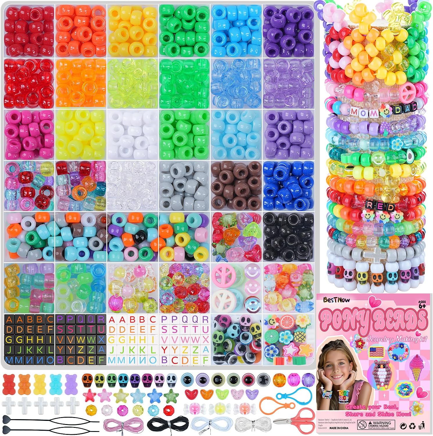 BestNow Kandi Beads Bracelet Making Kit Beads for Pony Beads Polymer Clay Beads 2 Types of Letter Beads 13 Types of Charm Beads for Jewelry Making DIY Arts and Crafts Gifts Toys for Girls Age 6-12 (12 Color) Thumbnail