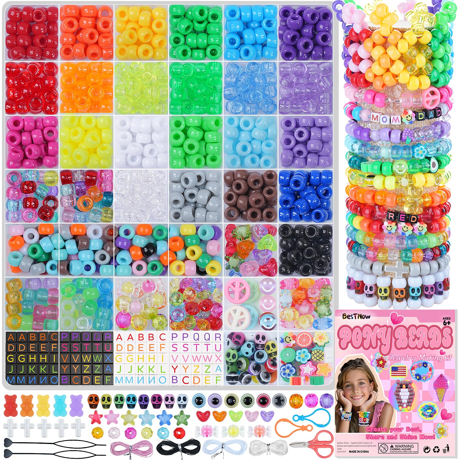 BestNow Kandi Beads Bracelet Making Kit Beads for Pony Beads Polymer Clay Beads 2 Types of Letter Beads 13 Types of Charm Beads for Jewelry Making DIY Arts and Crafts Gifts Toys for Girls Age 6-12