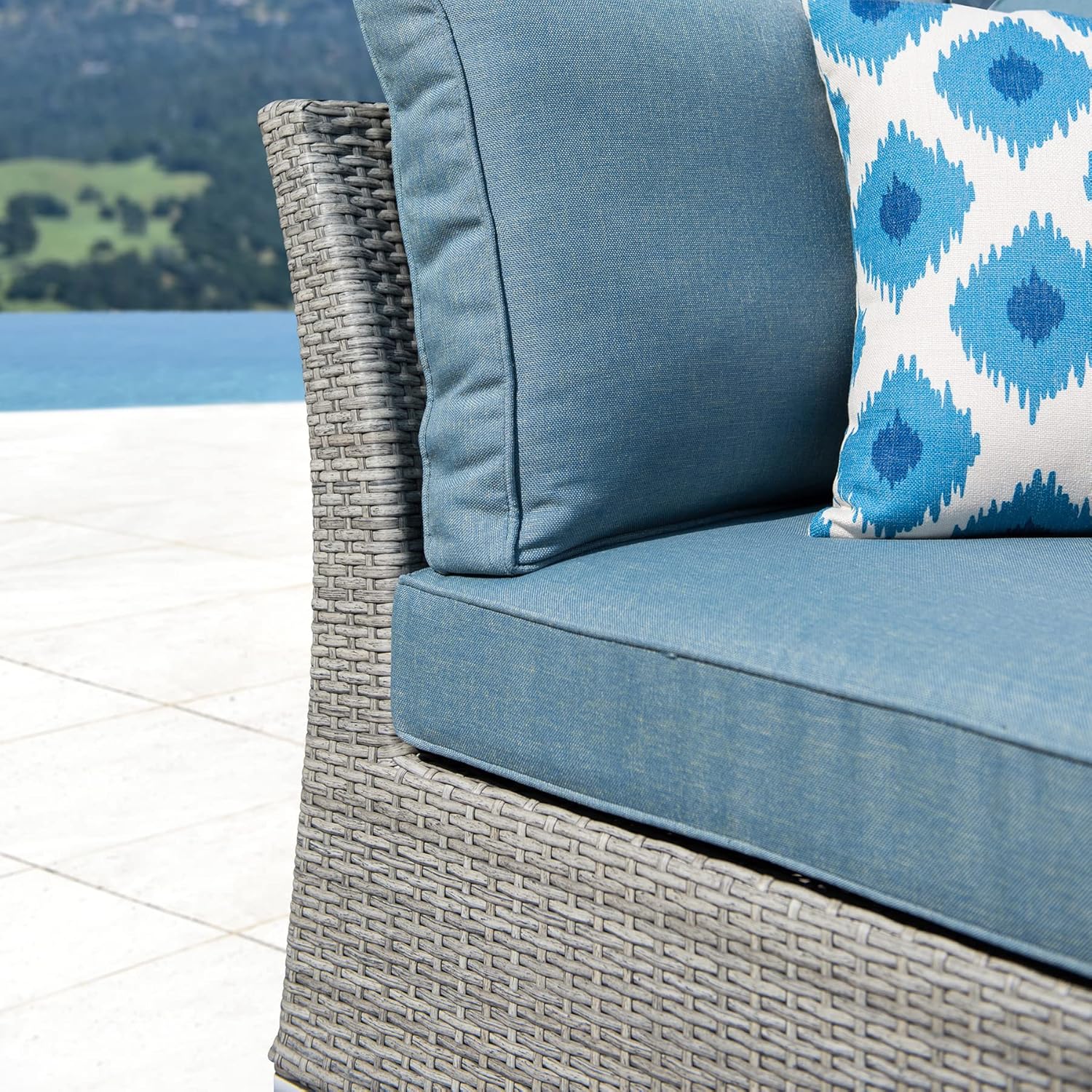 CAELUM 8 Piece Large Outdoor Furniture Set, 6 Seater Wicker Patio Furniture Set w/Thick Cushion, All Weather Deck Wicker Conversation Set with 4 Sofa Seats, 2 Ottomans & 2 Coffee Side Tables