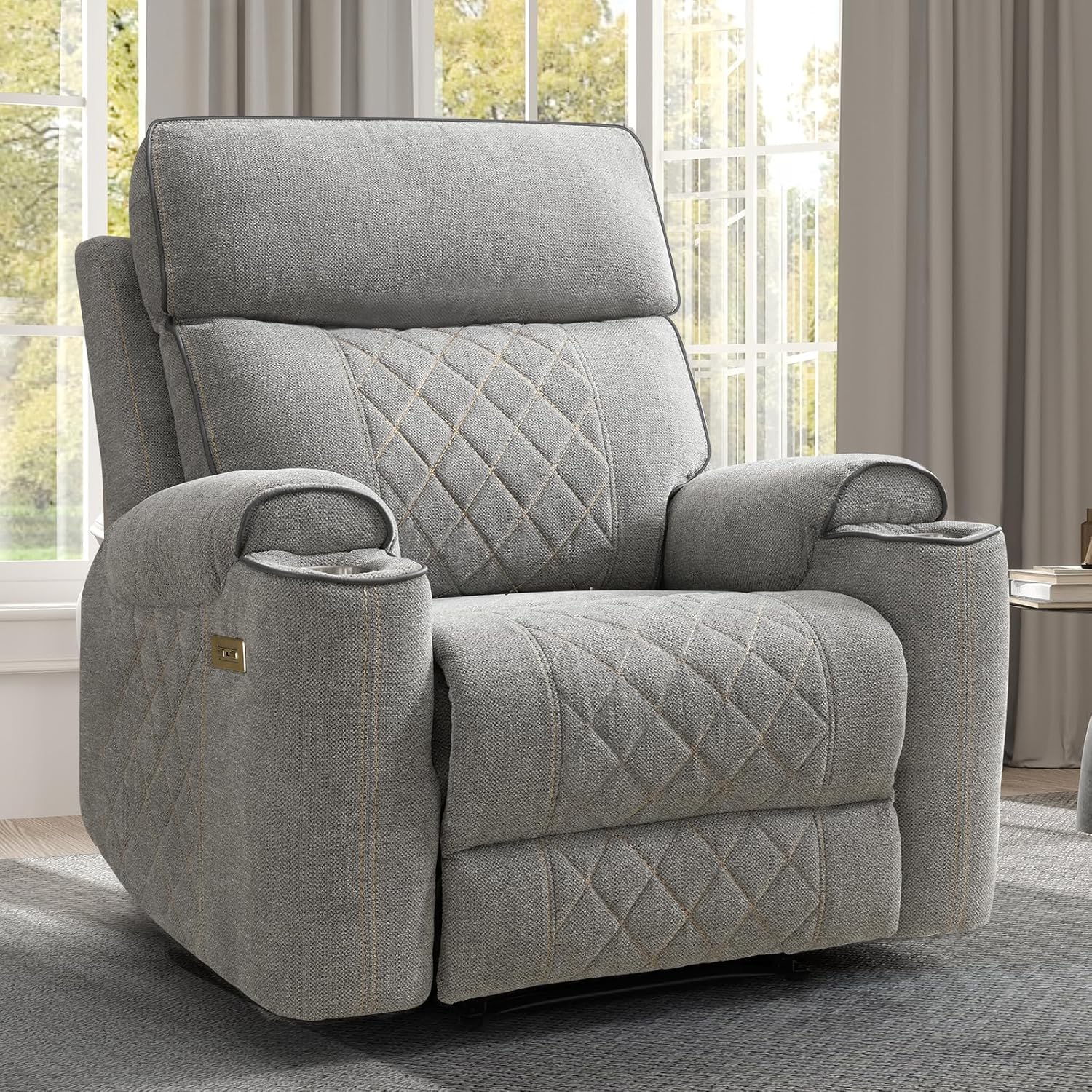 EBELLO Power Recliner Chair, Electric Fabric Reclining Sofa with Cup Holders, USB Charging Ports, for Living Room, Bedroom and Meeting Room, Light Grey