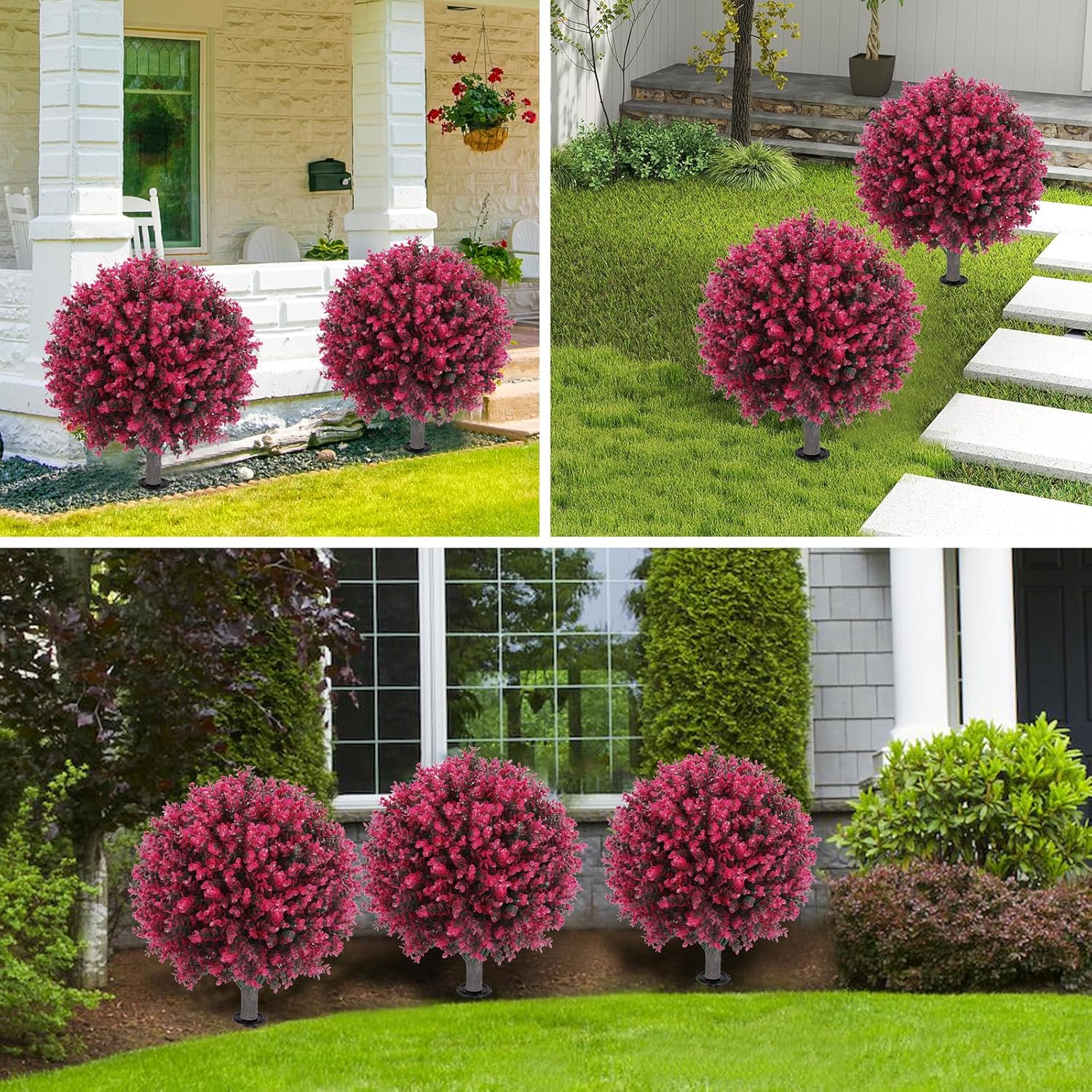 Artificial Red Eucalyptus Topiary Ball Tree 24" with Ground Spike, Set of 2 Artificial Boxwood Bushes for Faux Shrubs, Fake Evergreen Faux Plant for Indoor Outdoor Garden -UV Resistant–Fade-Proof - Image 7