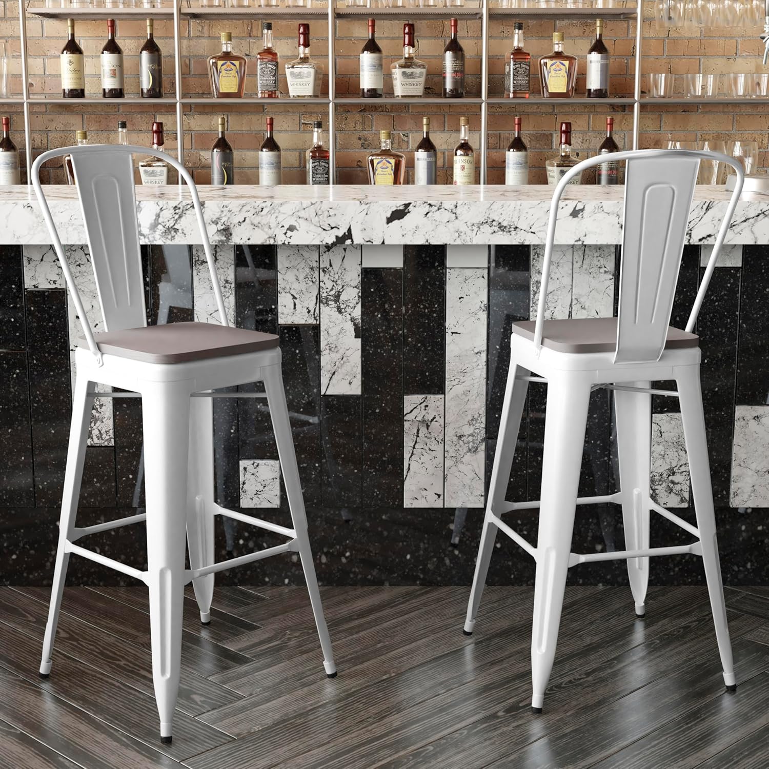 Flash Furniture Kai Commercial 30" High Indoor-Outdoor Bar Height Stool - White Galvanized Steel Frame - Gray Square All-Weather Poly Resin Seat - Removable Back