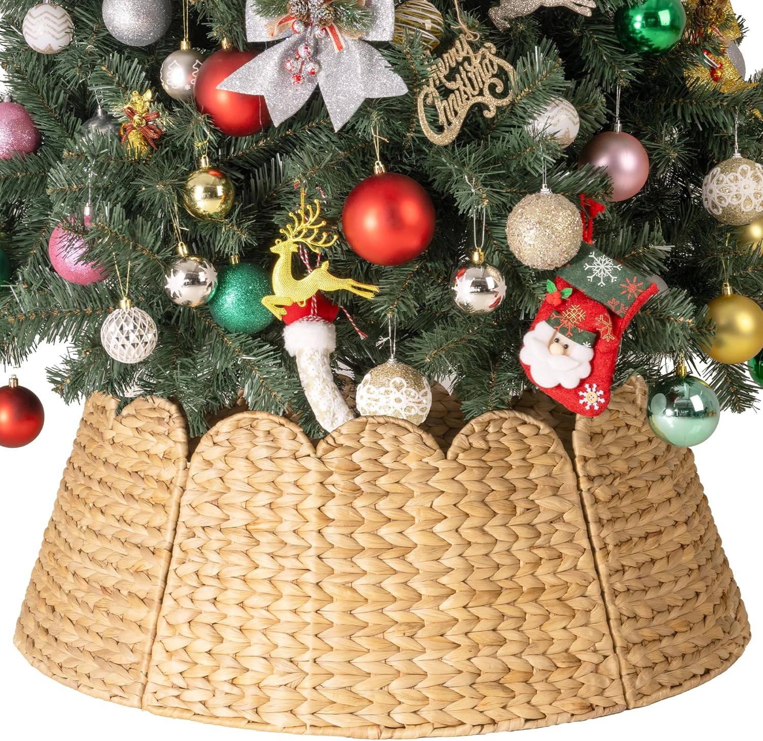 StorageWorks 28" Scalloped Christmas Tree Collar, Wicker Christmas Tree Base Skirt with Water Hyacinth, Rustic Tree Ring Stand Cover for Christmas Home Party Farmhouse Artificial Trees Decor