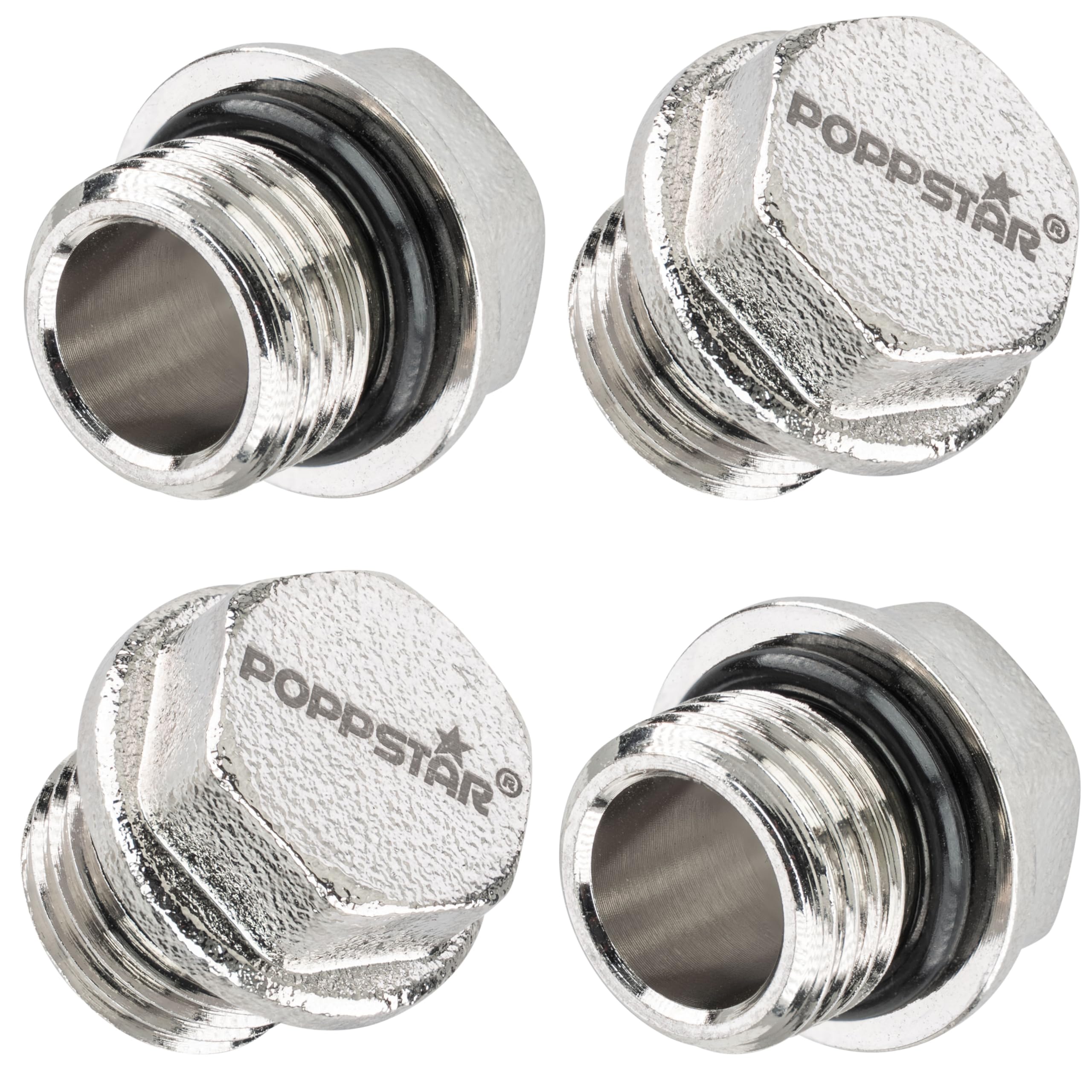 Poppstar Brass Blanking Plug (BSP External Thread 1/4" (13,16mm), up to 50bar, 14mm Hexagon) with self-Sealing Gasket 1/2", 4 Pieces