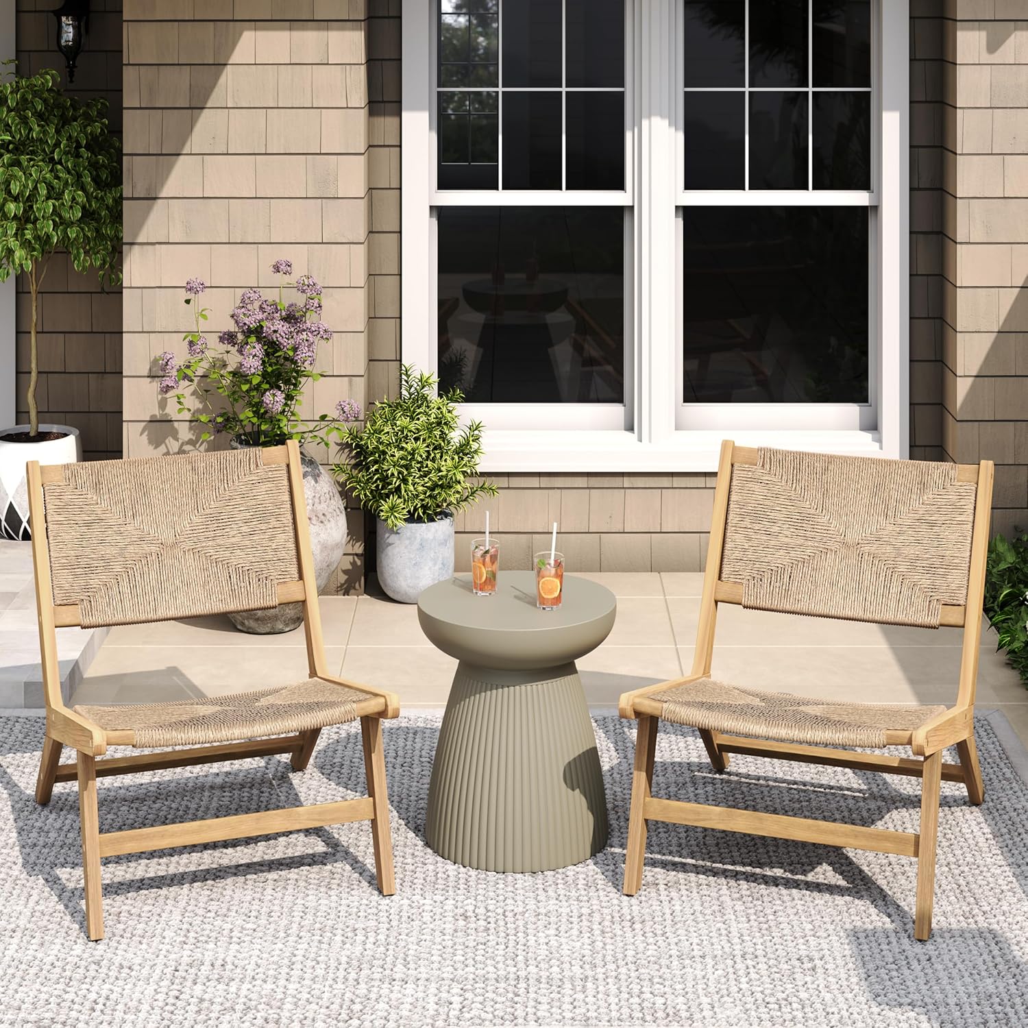 GDFStudio Acacia Wood Outdoor Lounge Chairs Set of 2,Weather-Resistant Natural PE Wicker,Easy Assembly Armless Patio Chair with for Garden, Porch, Balcony, Poolside, Deck, Light Teak