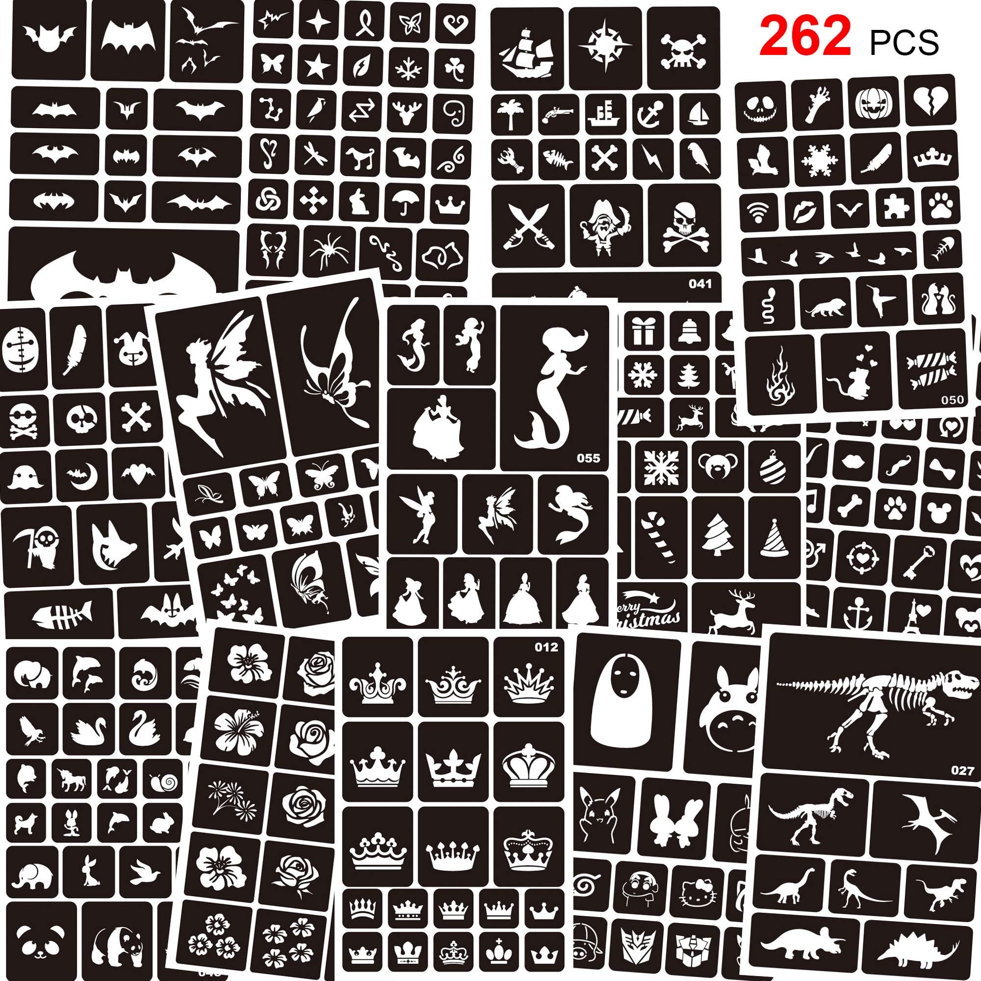 Konsait 262pcs Temporary Tattoos Stencils for Kids, Face and Body Paint Stencils Kit, Girl Boy Glitter Tattoos for Kids School Show Birthdays Halloween Christmas Party Favor Supplies