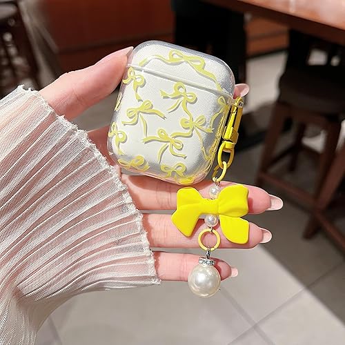 Miniatura 3 de MINSCOSE Funda transparente compatible con AirPods 1 y 2, bonito diseño estético de lazo con llavero de perla, funda protectora de TPU suave a