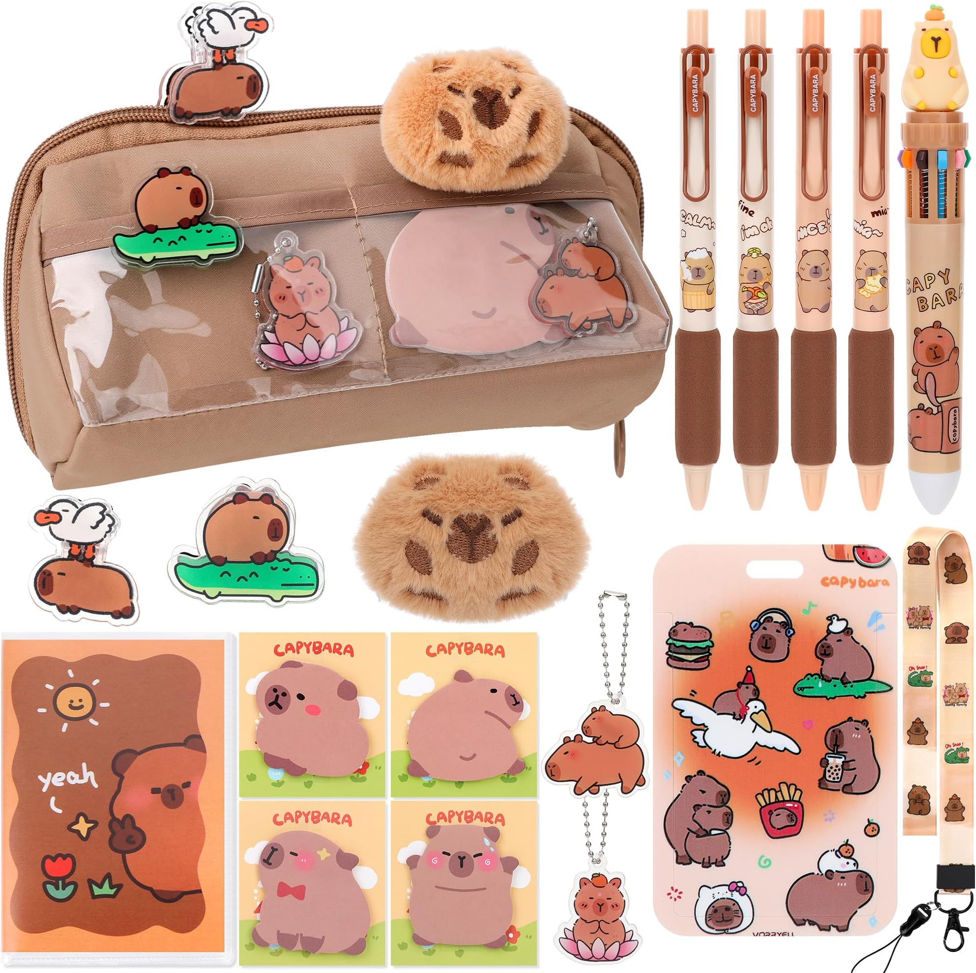 Capybara Stationery Set 17PCS- Large Capacity Pencil Case with Compartments, Cartoon Student Pen Bag Organizer, Capybara School Supplies with Cute Stationery, Back to School Gift