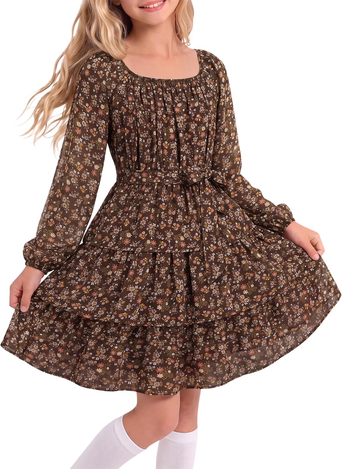 GEMLON Girls Dresses 3-Tiered Floral A-Line Long Sleeve Kid Dress Size 6-14