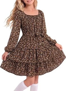 GEMLON Girls Dresses 3-Tiered Floral A-Line Long Sleeve Kid Dress Size 6-14 | Square Neck, Waist Bow Lantern Sleeve Dresses for Girls Smocked Dress, Stretchy Fabric, Girls Fall Holiday Dresses
