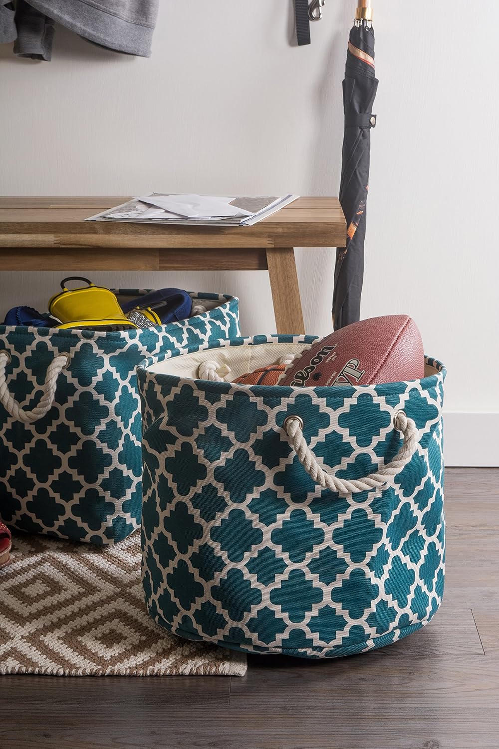 DII Printed Polyester, Collapsible and Convenient Storage Bin to Organize Office, Bedroom, Closet, Kid's Toys, Laundry - - Medium Round, Teal Lattice, 15x15x12,