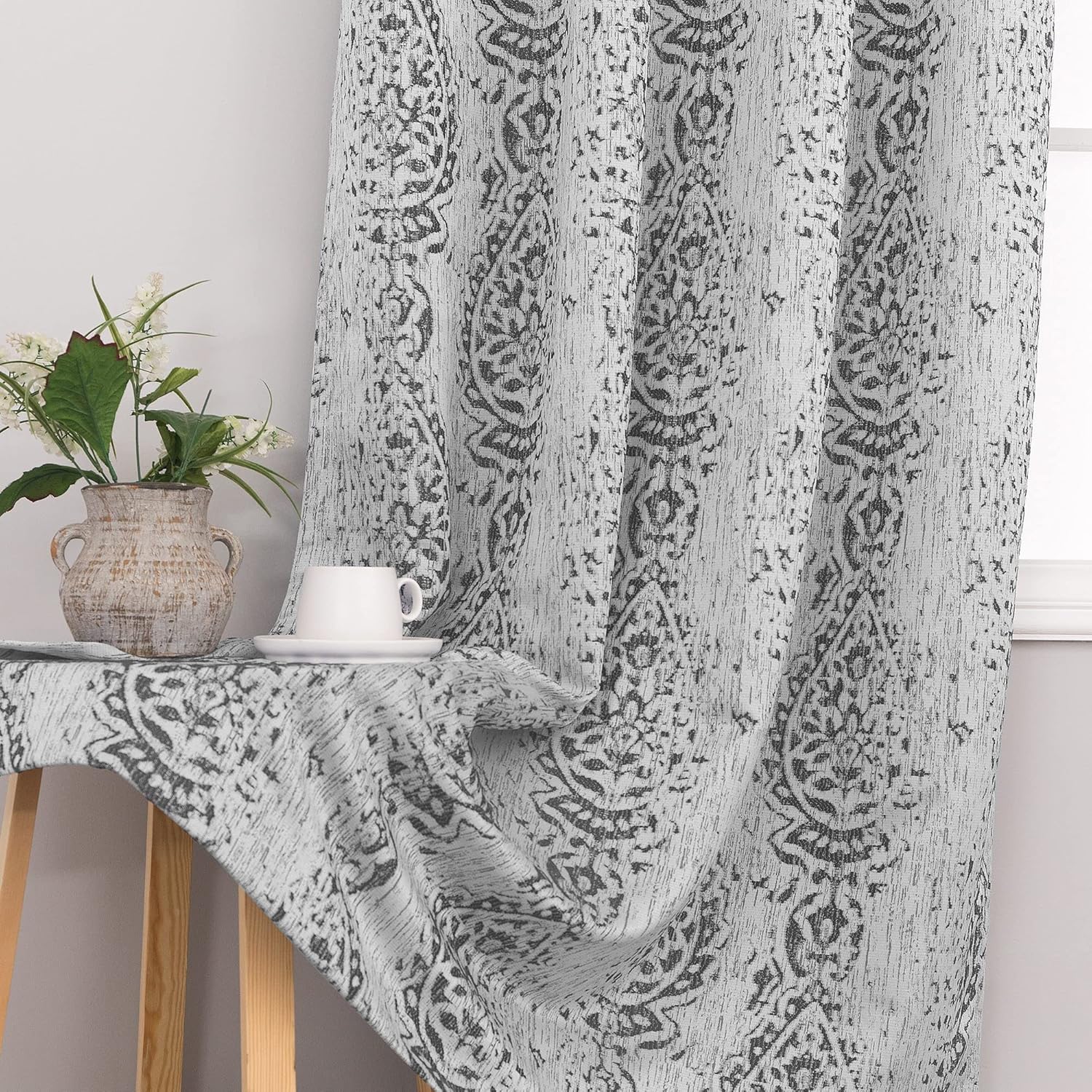 Grey Patterned Decorative Curtains for Living Room 84 Inches Long,Only 50% Black Out Room Darkening Blackout Window Curtain Panels for Bedroom,Set of 2,52x84 Inch Length,Gray