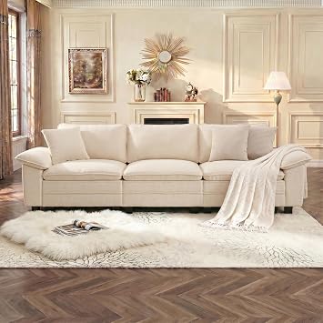 PHI VILLA 123.6" Large 3-Seat Straight Modular Cloud Couch Sectional Sofa | Chenille Beige, Wider Armrest, Comfy Deep Seat, Solid Wood Frame, Oversized Modern Cloud Couches for Living Room