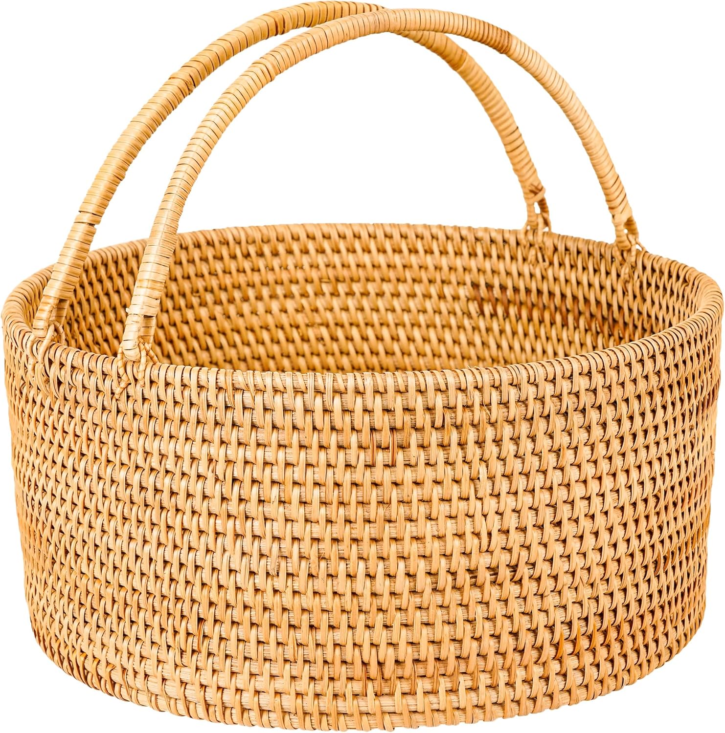 Handwoven Rattan Storage Basket with Handles, Natural Wicker Decorative Basket for Kitchen Counter, Pantry Organization, Floral Arrangement, Gift Packaging & Home Decor