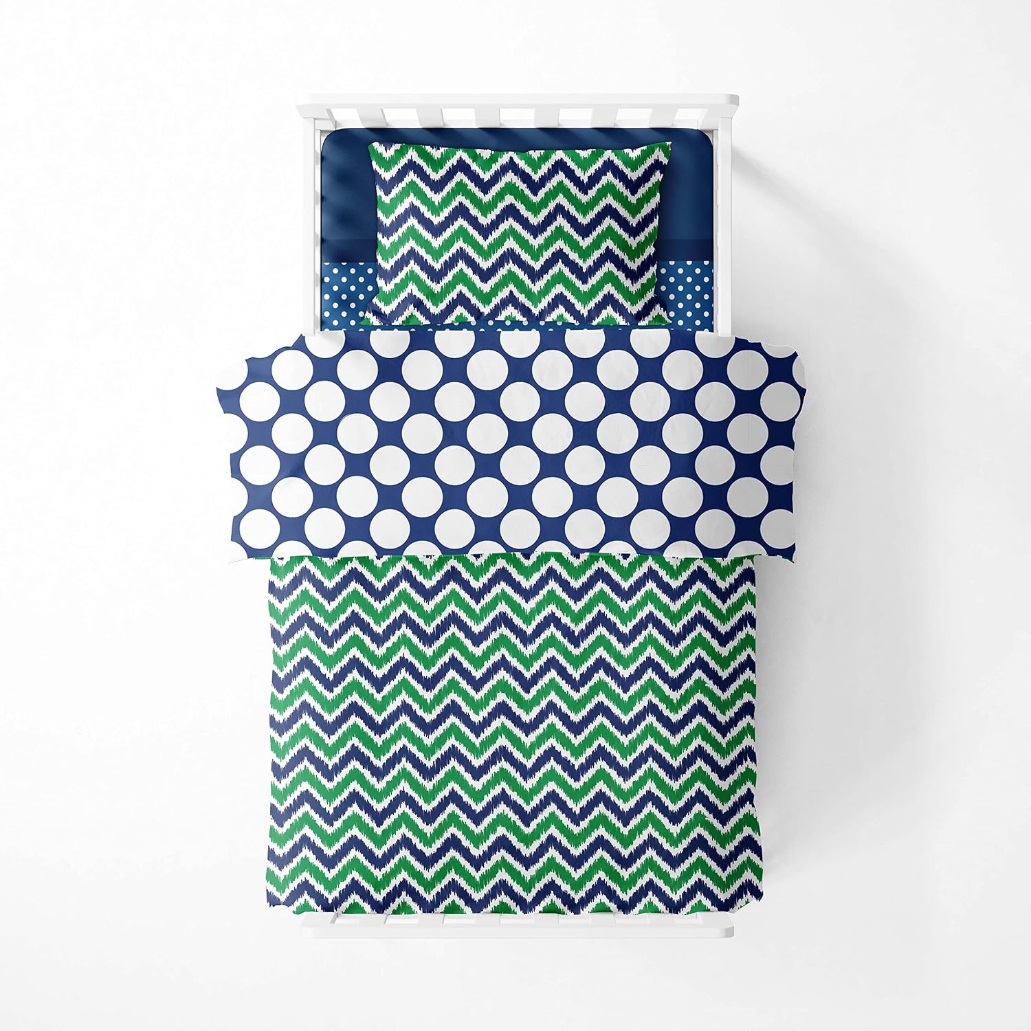 Bacati - Mix N Match 4 Pc Toddler Bedding Set 100 Percent Cotton Includes Reversible Comforter, Fitted Sheet, Top Sheet, and Pillow Case for Boys (Navy/Green)