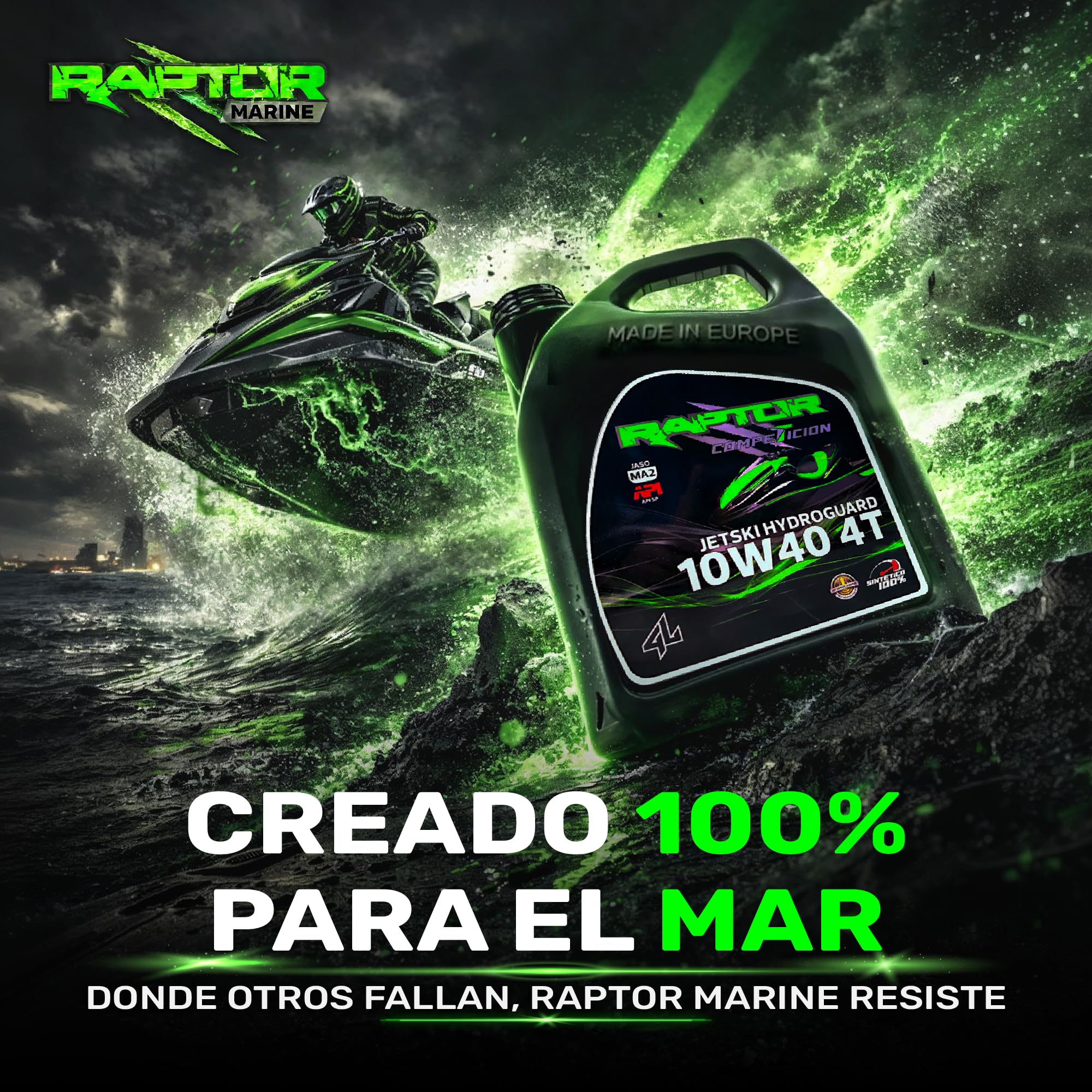 Raptor Marine - Aceite Jet Ski 10W40 100% Sintético Hydroguard | 4L | Moto de Agua PWC 4T | Alta Temperatura | Anticorrosión | API SP, JASO MA2