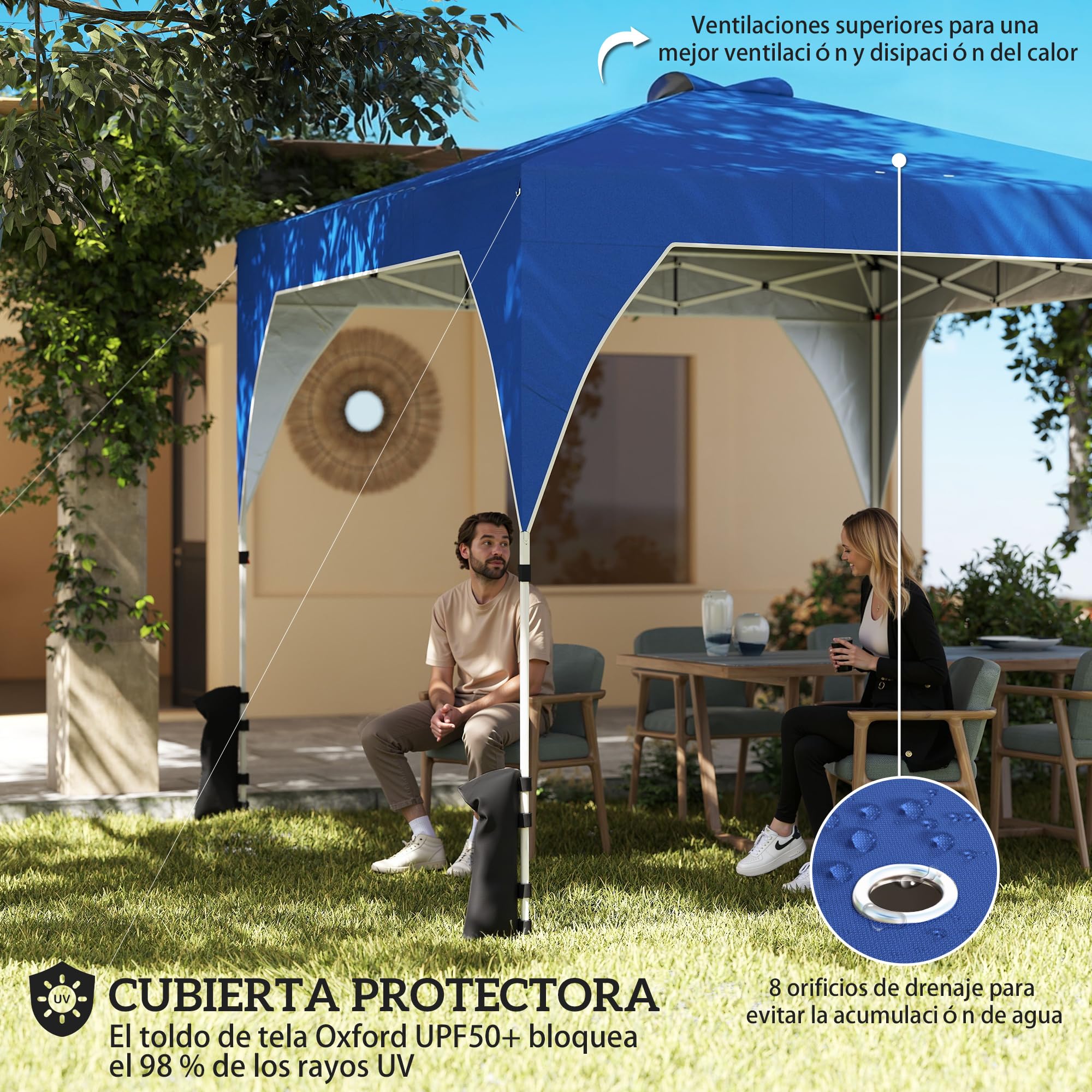 Outsunny Carpa Plegable 3x3 m, Pop-up, Cenador Pabellón de Jardín con Ventilación Superior, Bloqueo Central, UPF50+, Altura Ajustable 3 Niveles, Bolsa Transporte con Ruedas, Sacos de Arena, Azul