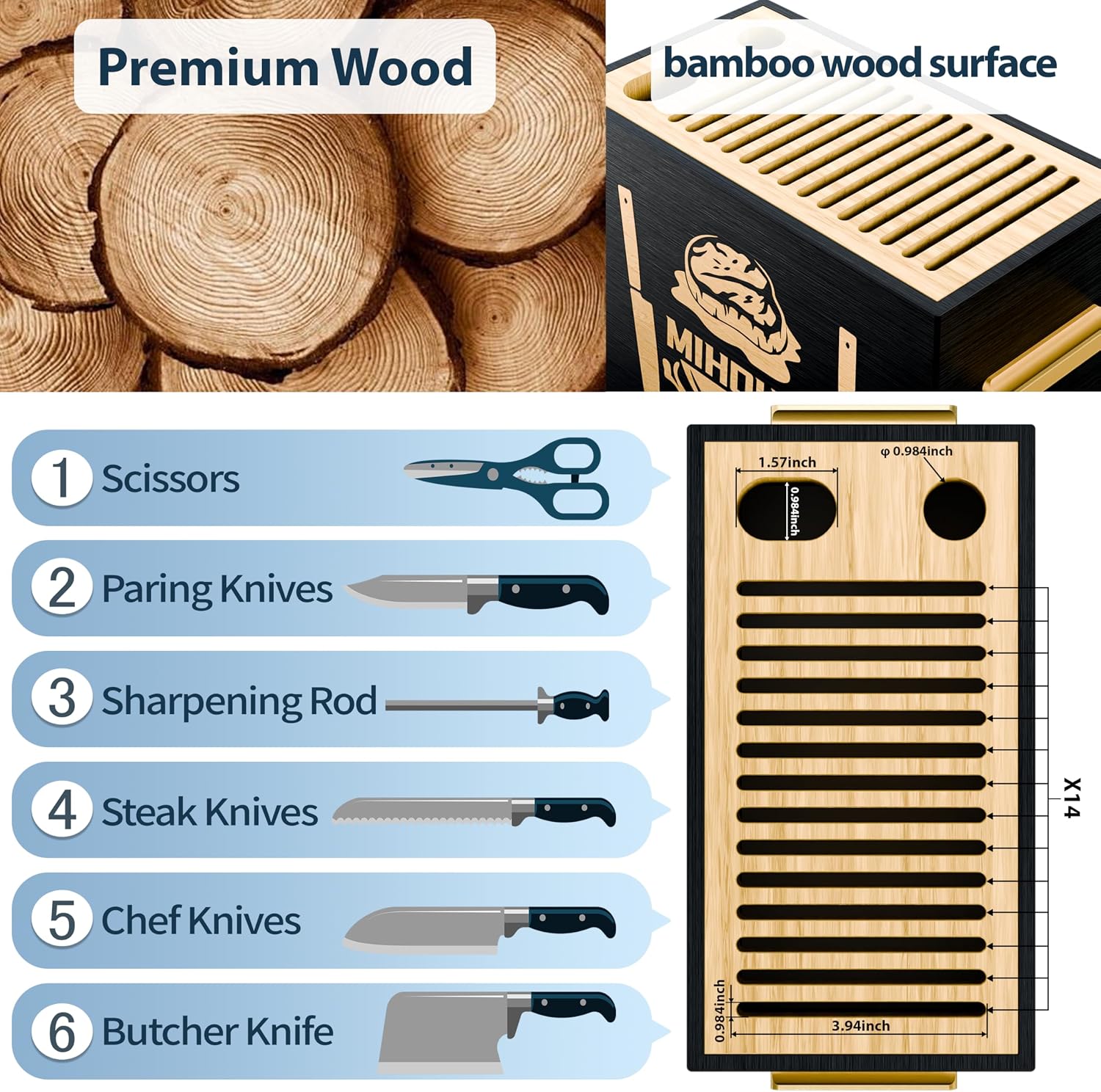 Wood Universal Knife Block with Slots, Wood Knife Holder/Knife Organizer, Unique Knife Storage for Counter Top with Anti-Slip Base (Black D)