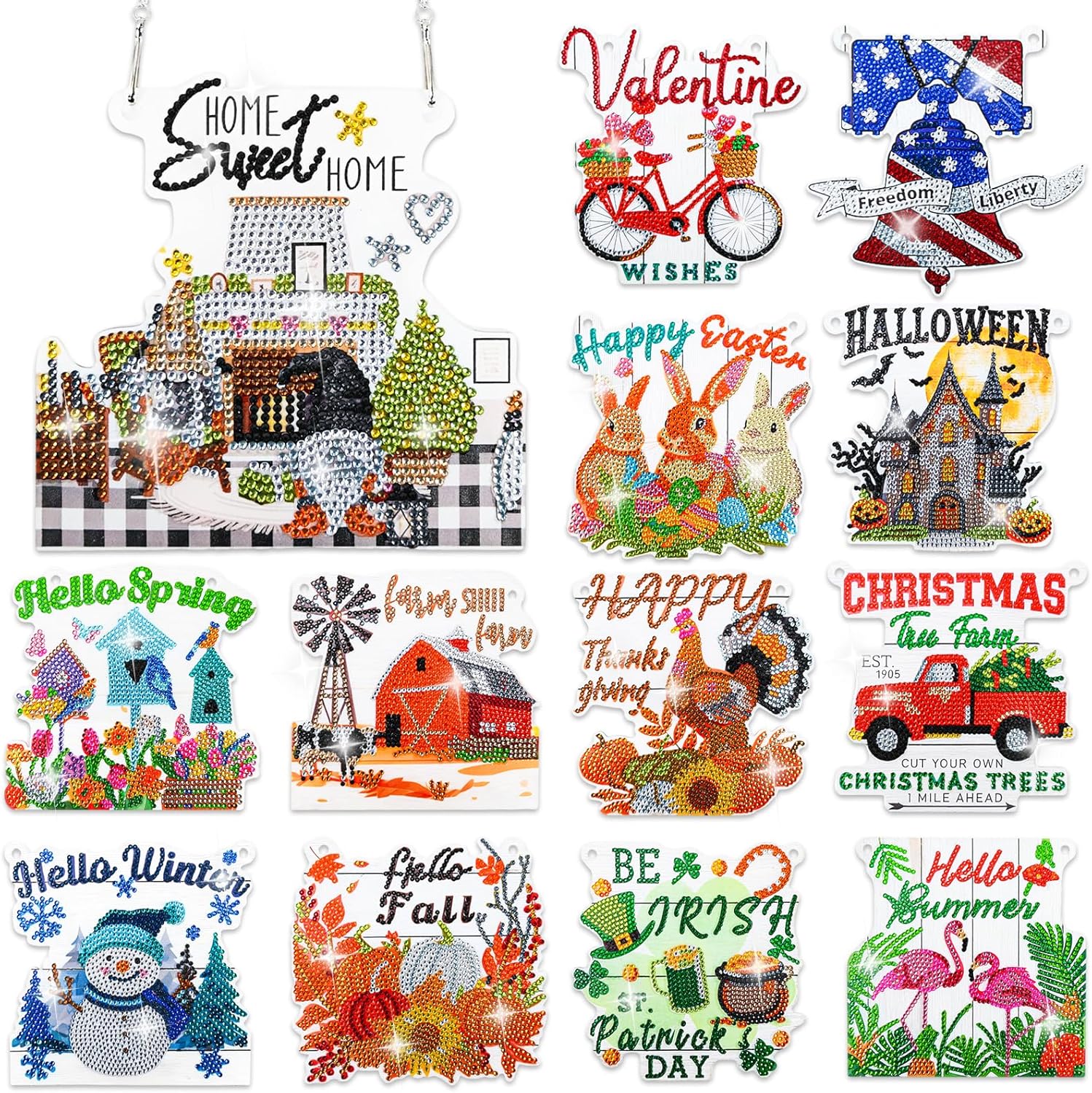 LINGFANG 13 PCS Diamond Art Hanging Kit for Adult, Diamond Painting Ornament Kit, Special Shaped Rhinestone,DIY Acrylic 5D Art Window Pendants Home Garden Wall Hanging Kits,Double Sided (Seasonal)