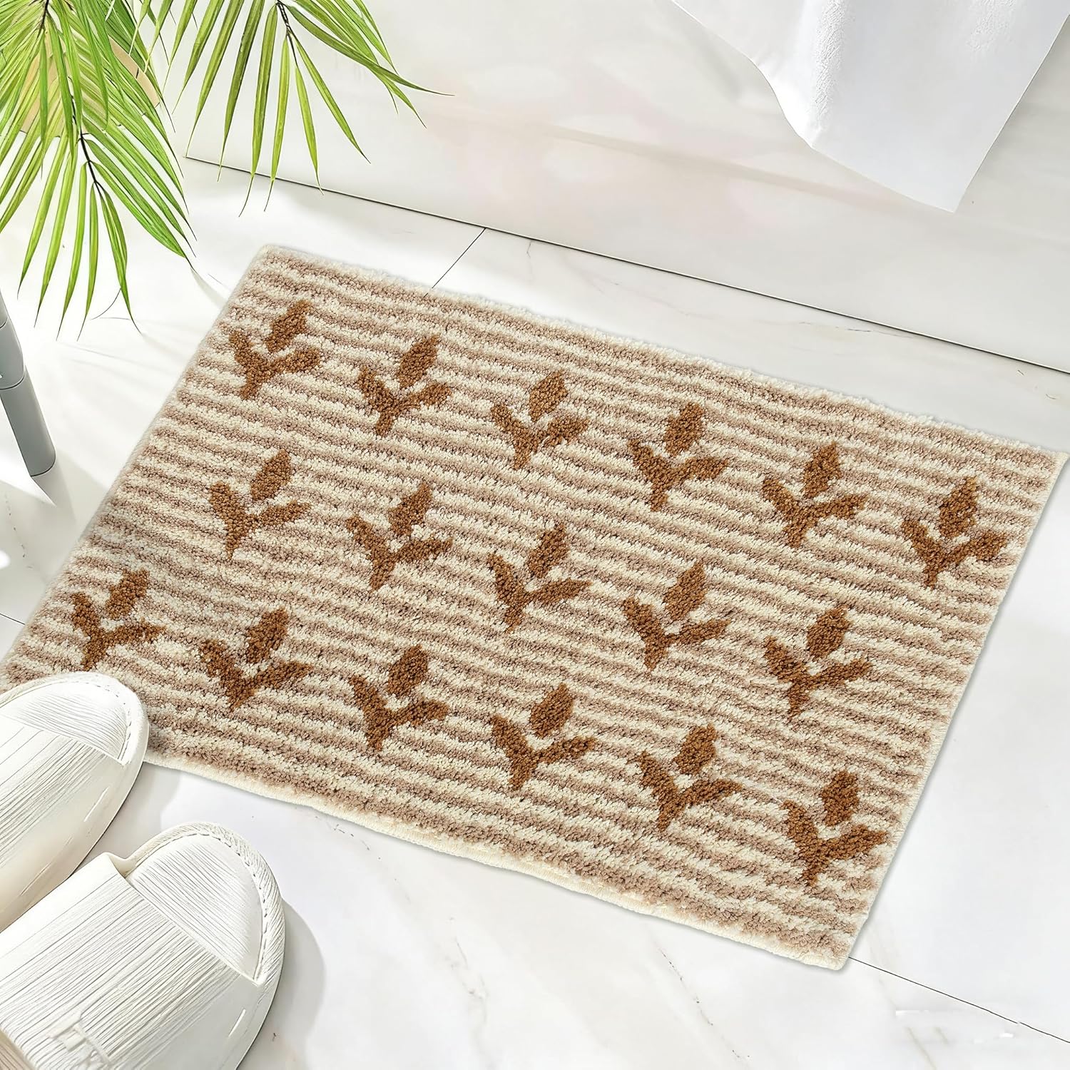 Fall Bath Mat, Boho Flower Mat for Bathroom Non Slip,Beige Striped Fluffy Absorbent Microfibe Washable Farmhouse Rugs for Bathroom Shower Sink, Brown 20" x 30"