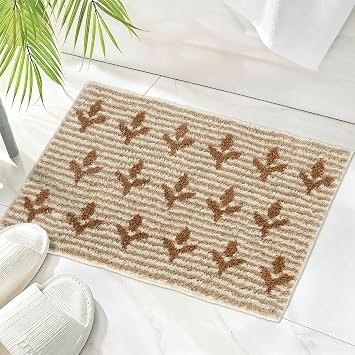 Fall Bath Mat, Boho Flower Mat for Bathroom Non Slip,Beige Striped Fluffy Absorbent Microfibe Washable Farmhouse Rugs for Bathroom Shower Sink, Brown 20" x 30"