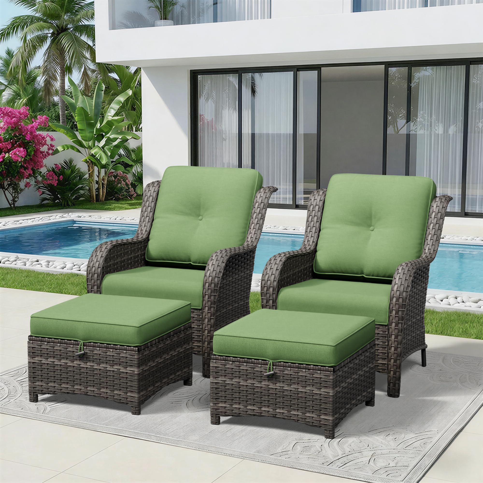 4 Piece Outdoor Wicker Patio Furniture Set, Patio Chairs Set with Thickened Olefin Cushions, High Back and Deep Seating, Hand-Woven PE Rattan, Ottoman for Porch, Deck, Green