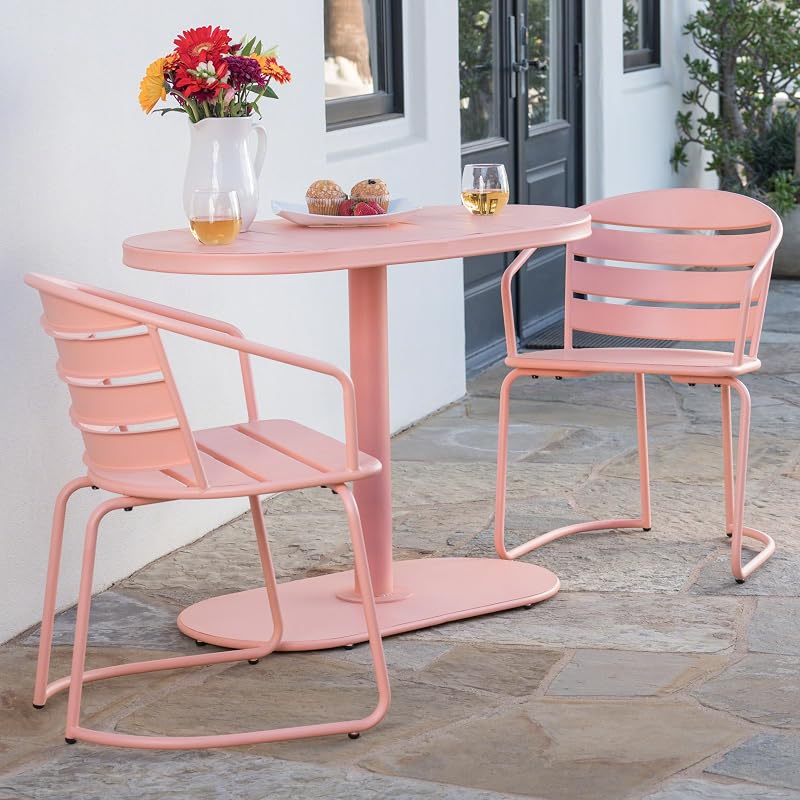 Adley Juego de bistró para exteriores, mesa y sillas de bistró de 3 piezas, juego de 2, muebles de patio con marco de hierro, comedor de bistró para cafetería de jardín junto a la pileta, coral mate