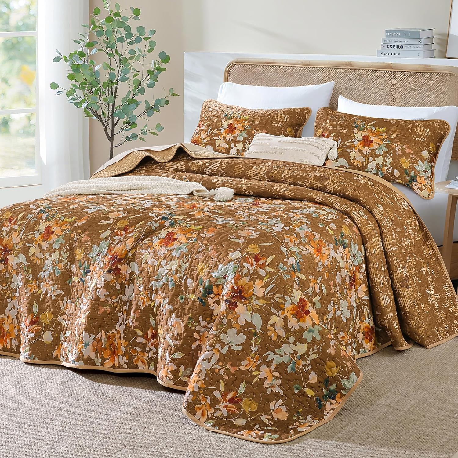 Dobuyly Brown Quilt Set King Size, Floral Bedspreads Coverlet Set, 3 Pieces Soft Lightweight Microfiber Farmhouse Botanical Quilt Bedding Set for All Seasons 110"x90" - Image 2