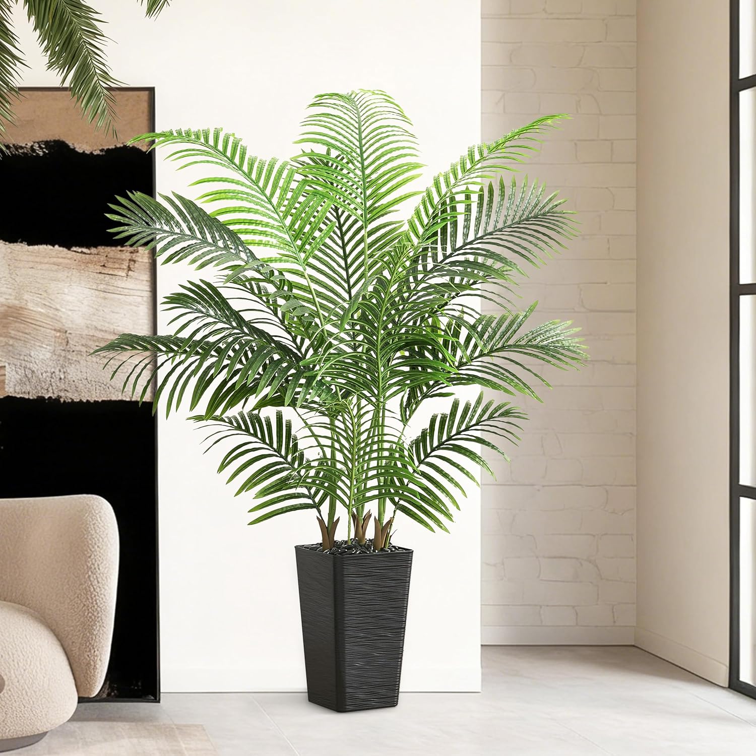 Artificial Palm Tree Indoor, 5FT Fake Floor Plants Large Tropical Silk Plant with Black Square Planter, Faux Areca Palm Plant Artificial Tree in Pot for Home Room Office Outdoor Patio Decor