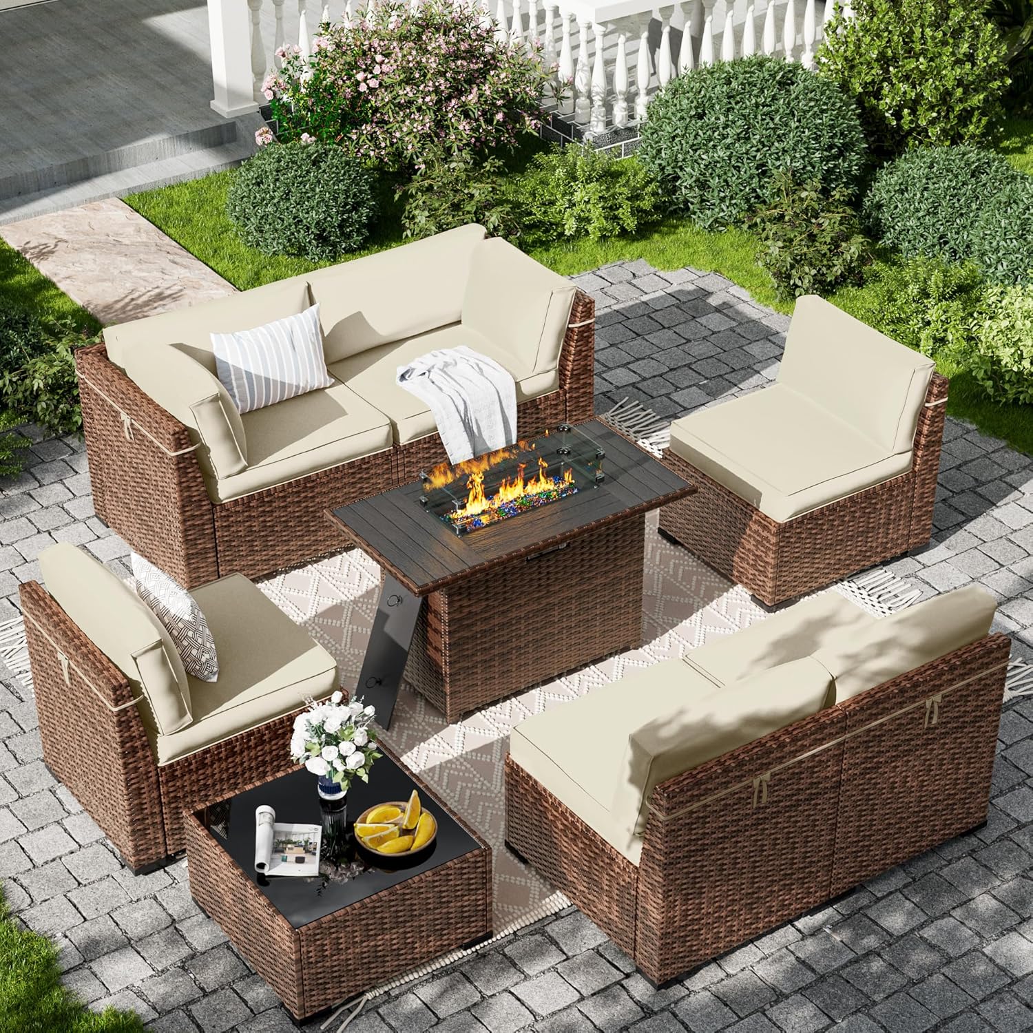 Amopatio 8-Piece Outdoor Patio Furniture Set with 44" Fire Pit Table, Modern Rattan Sectional Couch with Tempered Glass Coffee Table, Thickened Cushions and Include Waterproof Cover (Khaki)
