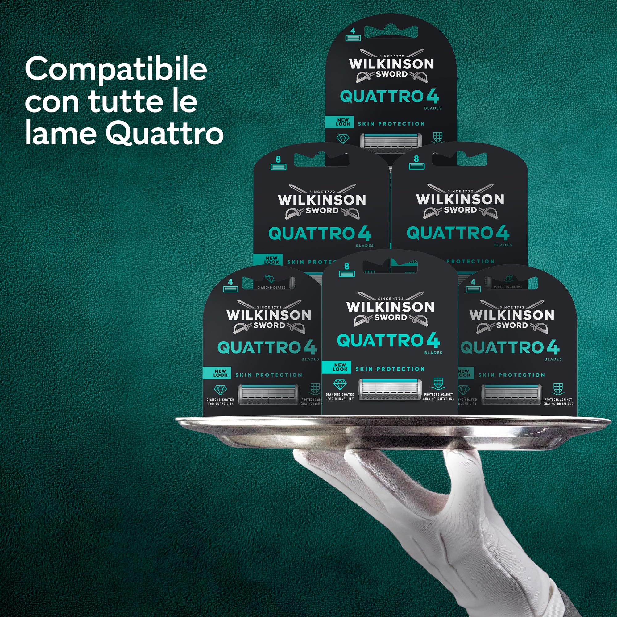 Wilkinson Sword Quattro, set di ricariche, 4 lame rivestite in diamante, 8 ricariche