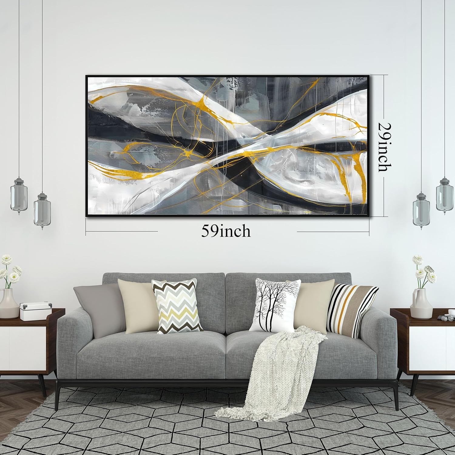 Ouzzlie Abstract Wall Art Grey Wall Decor for Living Room Large Canvas Art Picture Gold Artwork 29 x 59
