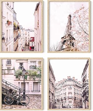 HAUS AND HUES Pink Paris Wall Decor - Set of 4 Paris Wall Art Prints, Aesthetic Paris Decor for Girls Bedroom or Bathroom, Chic Paris Posters for Wall Beige Frame, 8x10