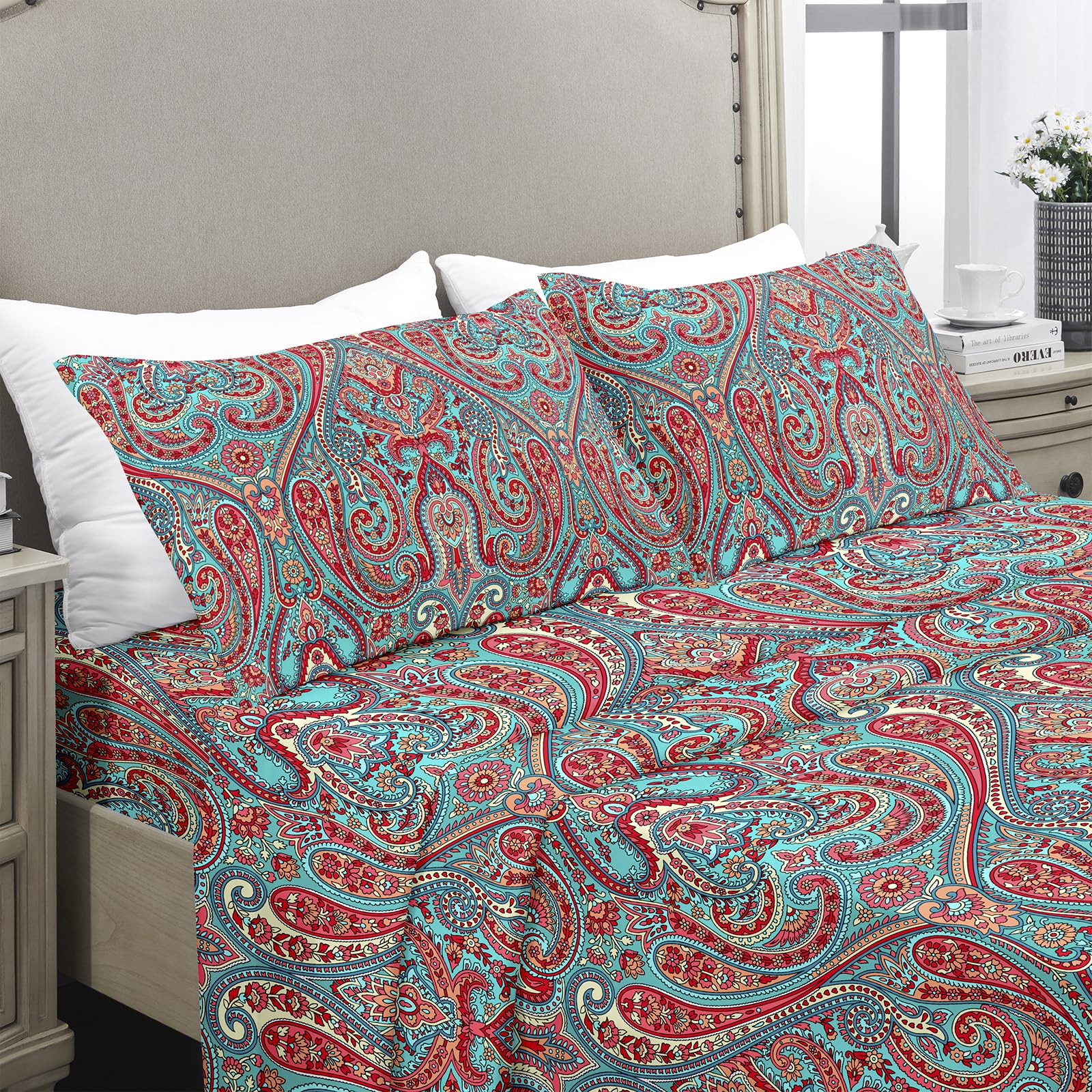 YIYEA King Sheets - Paisley - Luxury Double Brushed Microfiber Sheet Set - Lightweight Breathable Cooling King Bed Sheets - 16" Deep Pocket, Shrinkage, and Fade Resistant - 4 PC