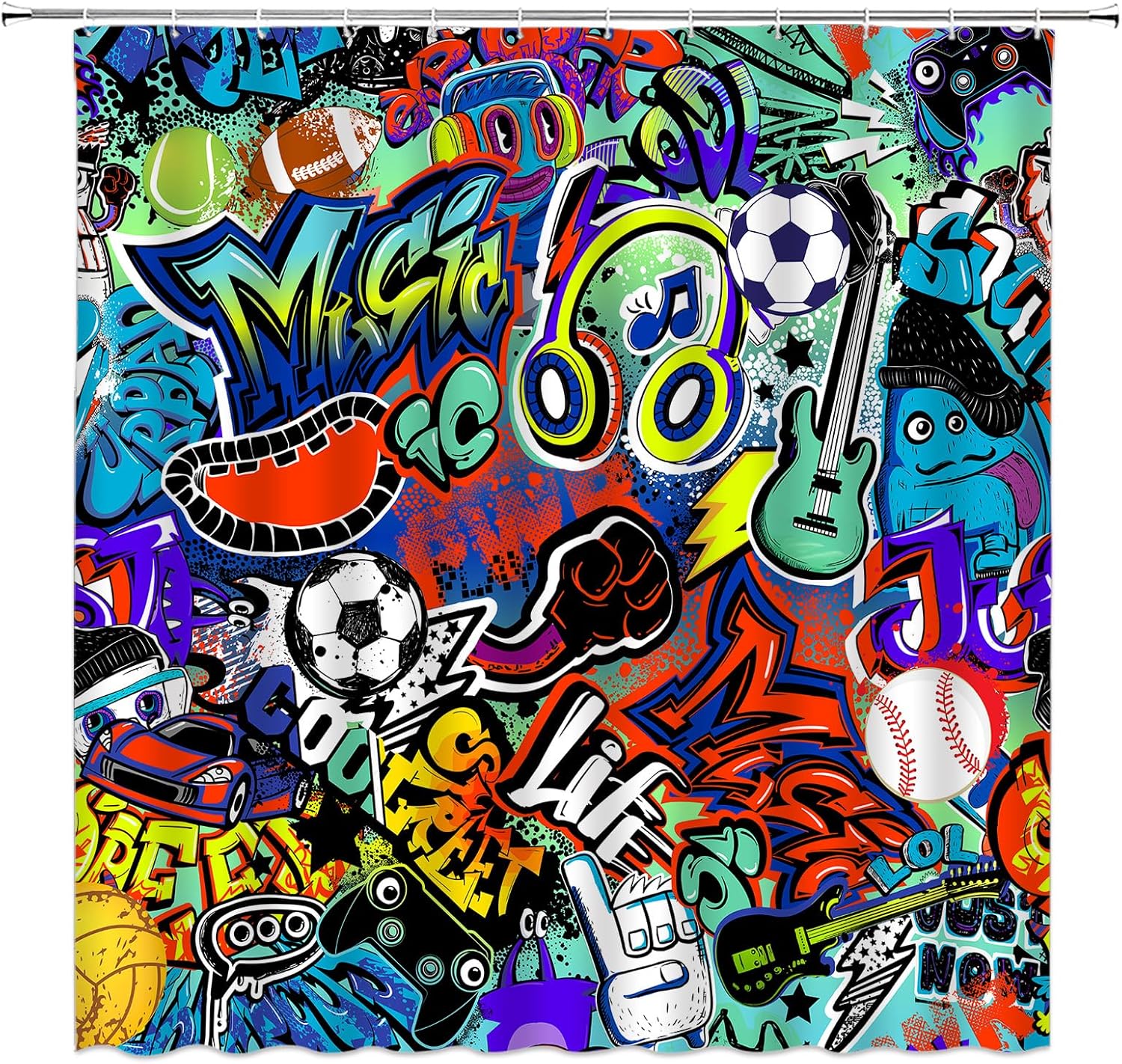 Colorful Graffiti Shower Curtain Modern Abstract Hiphop Youth Music Musical Street Spray Art Bathroom Fabric Decor Curtain with Hooks