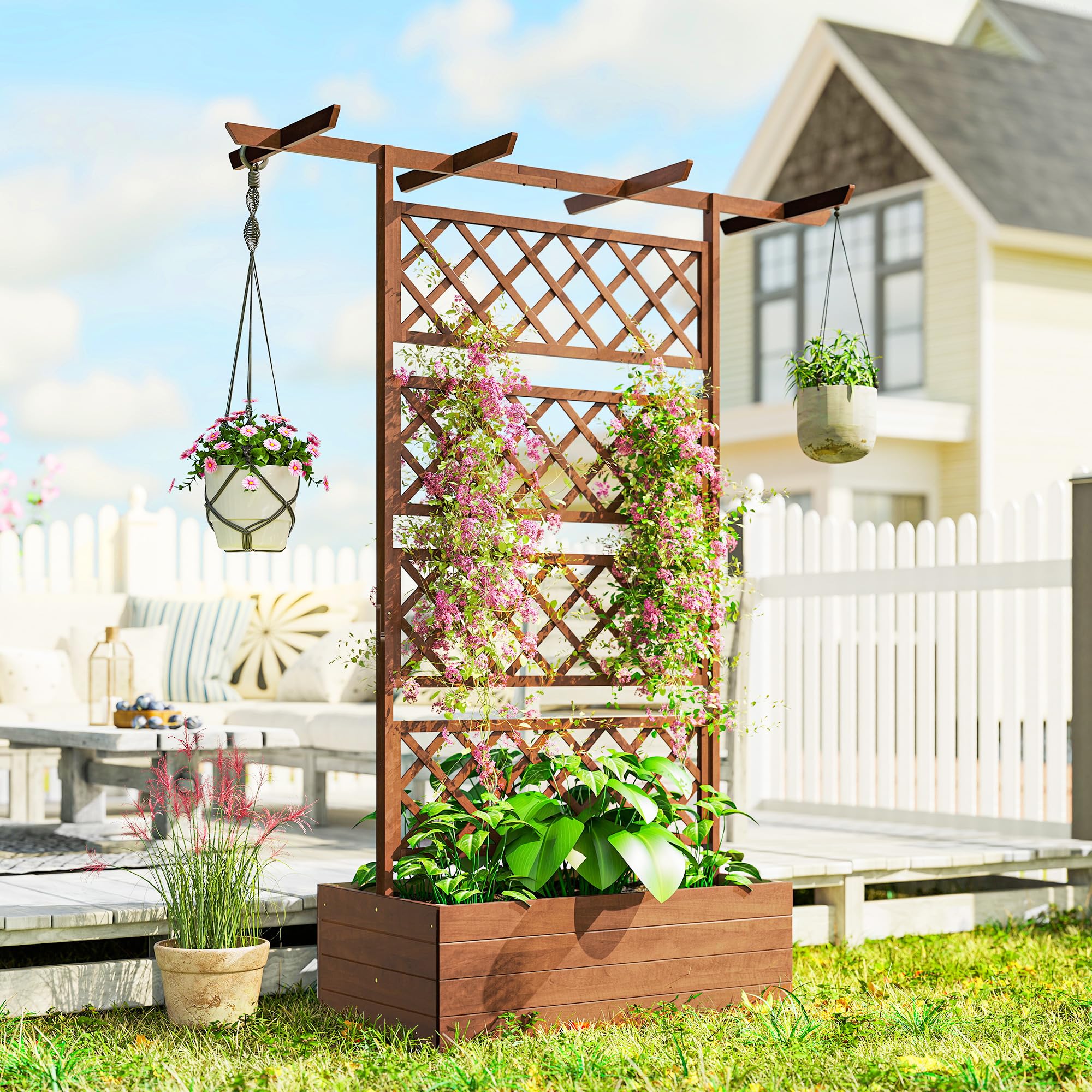 Outsunny Jardinière Surélevée avec Treillis et Barres de Toit, bac à Fleurs, lit surélevé Trous de Drainage, Tissu Non tissé, pour Plantes grimpantes, légumes, extérieur, Bois Massif, Marron