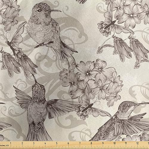 Ambesonne Tela de colibríes de The Yard, pájaros y flores, diseño clásico monocromático adornado, tela de satén decorativa para textiles y