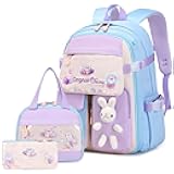 FIXITOK Girls Backpack Set, 3PCS Kids Backpacks for Girl, Cute Bunny School Backpack for Girls Kids Teen Kindergarten Elementary Preschool Middle School Bags with Lunch Box Pencil Case Blue