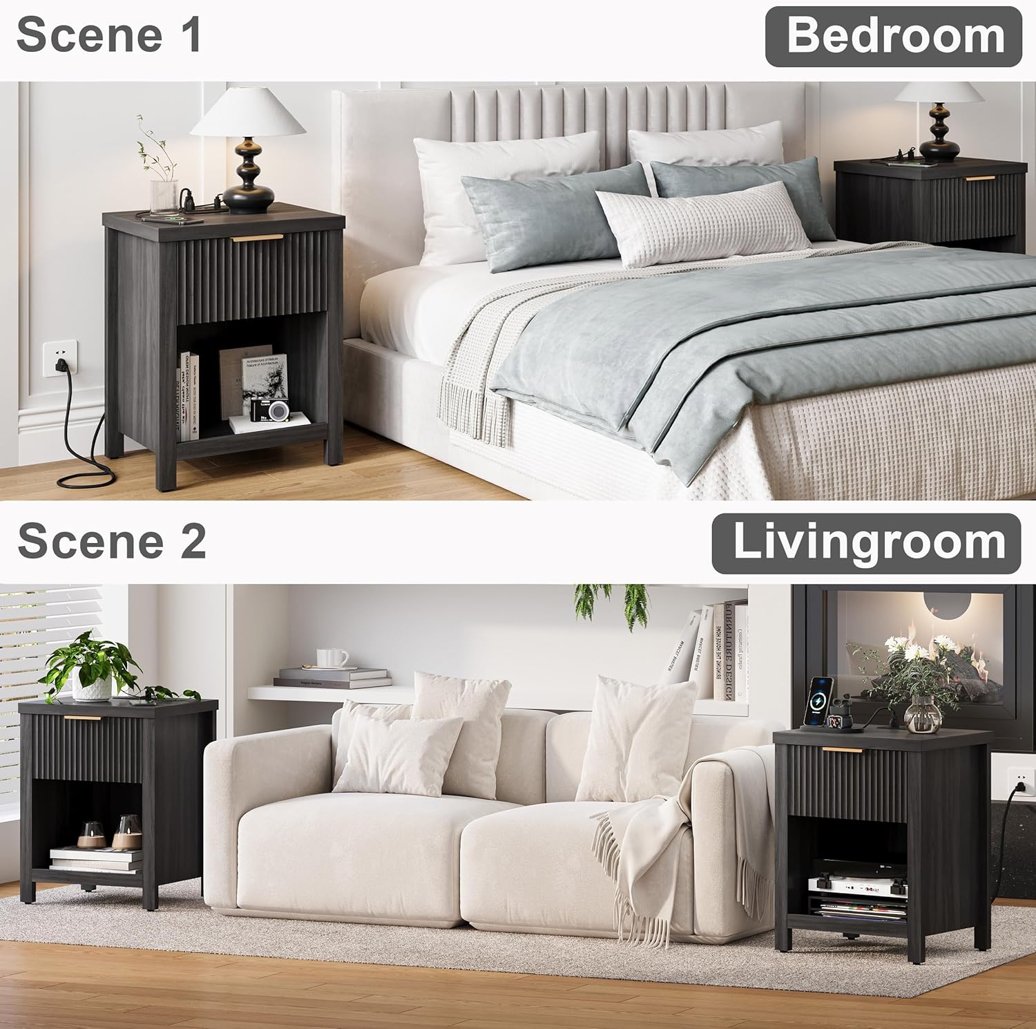 Fluted Nightstands with Charging Station, Brooklyn Night Stand with Drawer, Modern Beside Table with Open Shelf, Large End Table, Wood Side Table for Bedroom (1, Grey with Charging Station) BNS101BGE