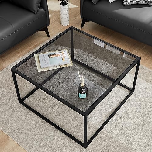 SAYGOER Glass Coffee Table, Small Modern Coffee Table Square Simple Center Tables for Living Room 26.7 x 26.7 x 17.7 Inches, Gray Black Gris,Negro