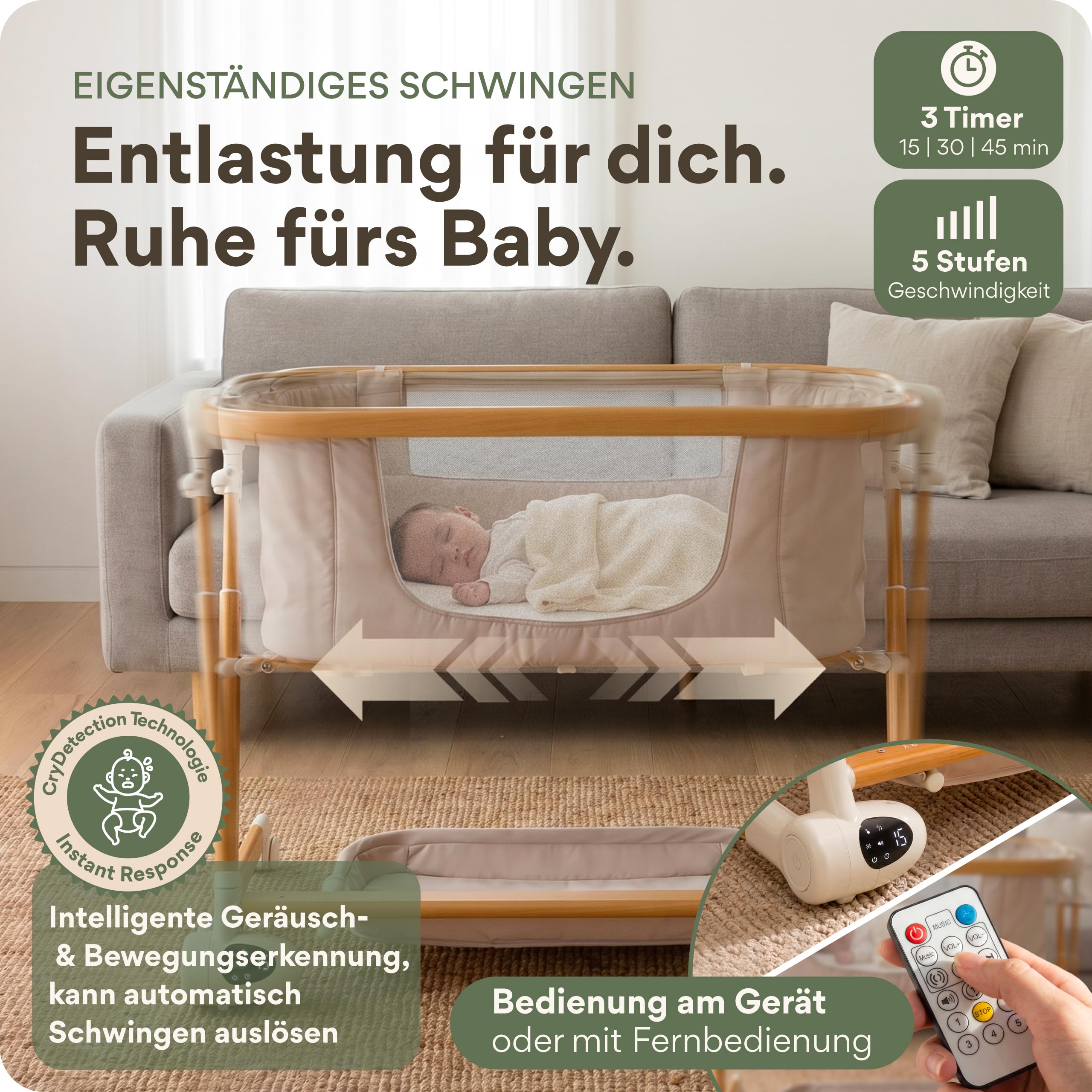MaliDa Babybett mit Rollen | Beistellbett Baby Boxspringbett | Stubenwagen Höhenverstellbar mit Wiegefunktion | Reisebett Baby mit Matratze | Bett, Babywiege, Crib, Bassinet, Bed | Hell