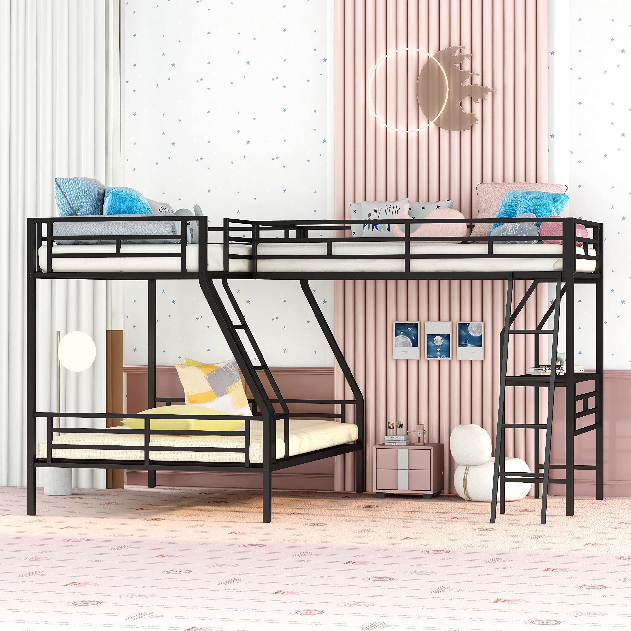 RUNWON TwinOverTwin Metal LShaped Triple Bunk Bed with
