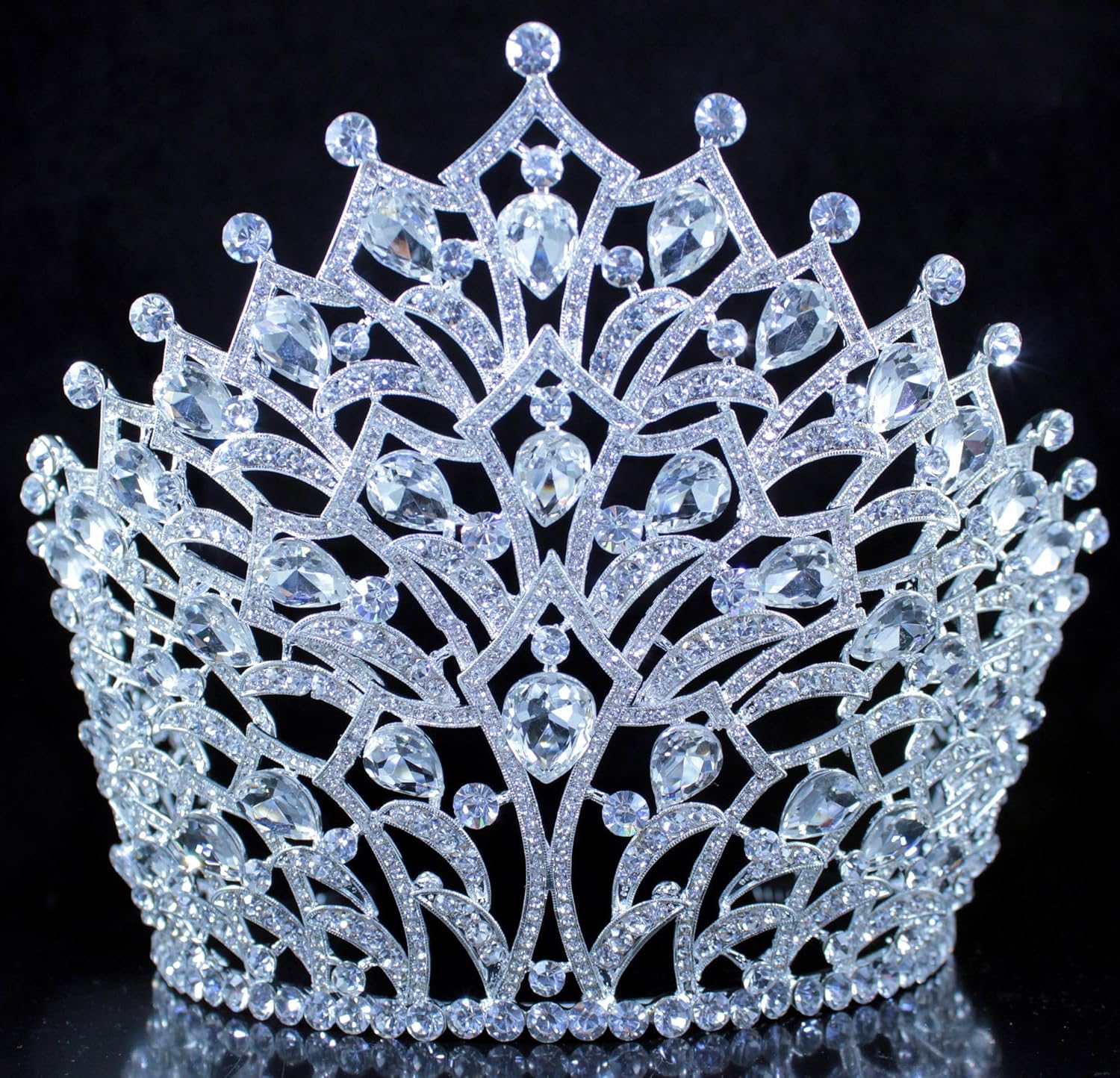 5.75" Tall Large Tiara Crown With Hair Combs, Clear White Austrian Rhinestone Crystal Metal Tiara Pageant Show Parade Wedding Bridal Birthday Queen T2306