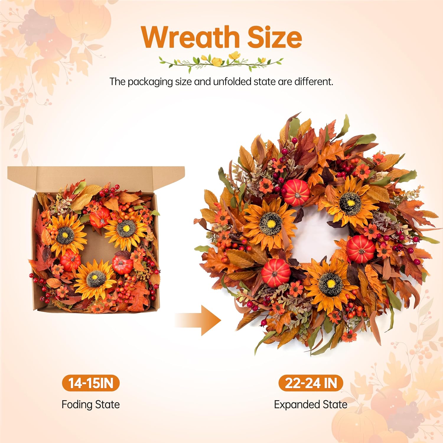 Large 24” Fall Harvest Wreaths for Front Door & Thanksgiving Wreath Decor