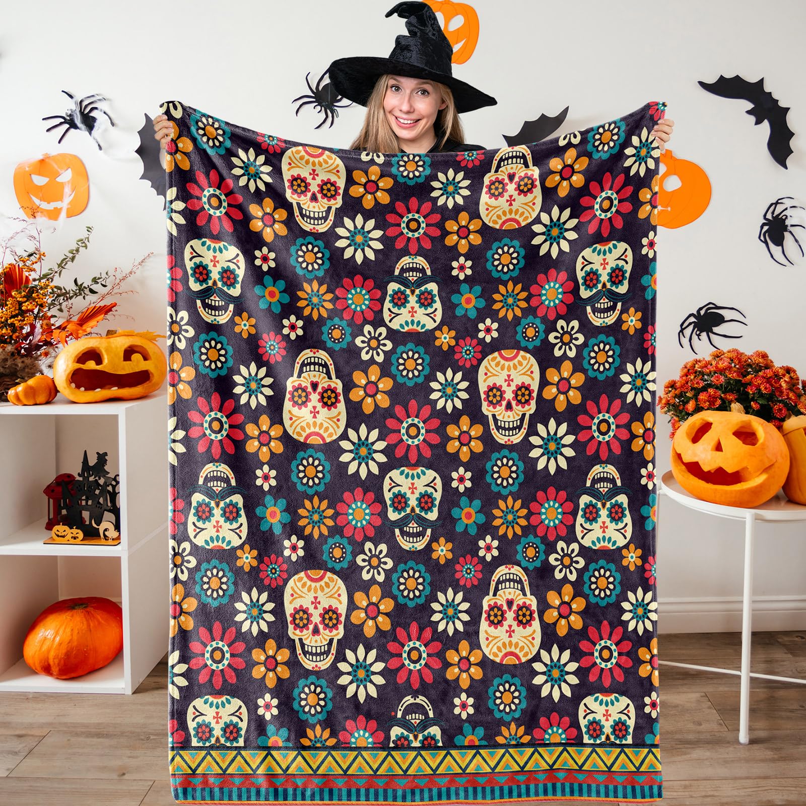 JarThenaAMCS Halloween Decke Chenille 127x152cm - Weiche Überwurfdecke Mit Geister-Motiv