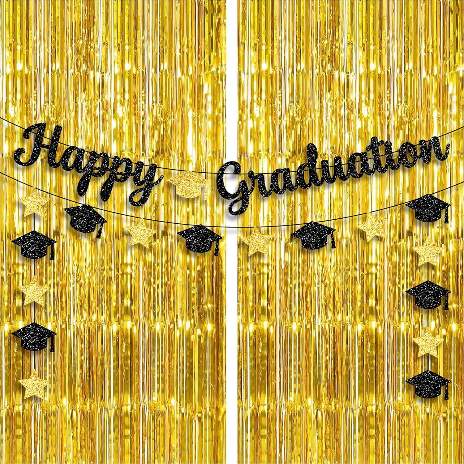 KatchOn, Glitter Happy Graduation Banner - No DIY, Pre-Strung | Gold Fringe Curtain Backdrop, Happy Graduation Sign for Happy Graduation Decorations 2026 | Graduation Banners, Gold Streamer Backdrop