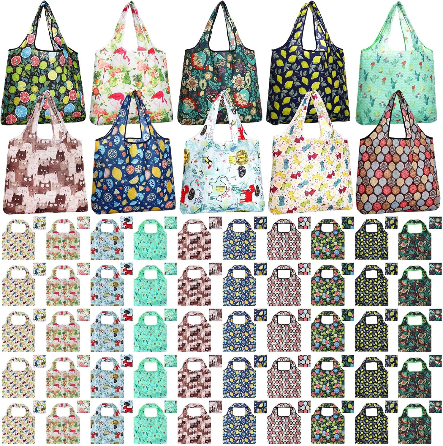 Paterr 50 Pack Reusable Foldable Grocery Bags 10 Patterns Bulk Shopping Totes Pocket Size Bags for Supermarket