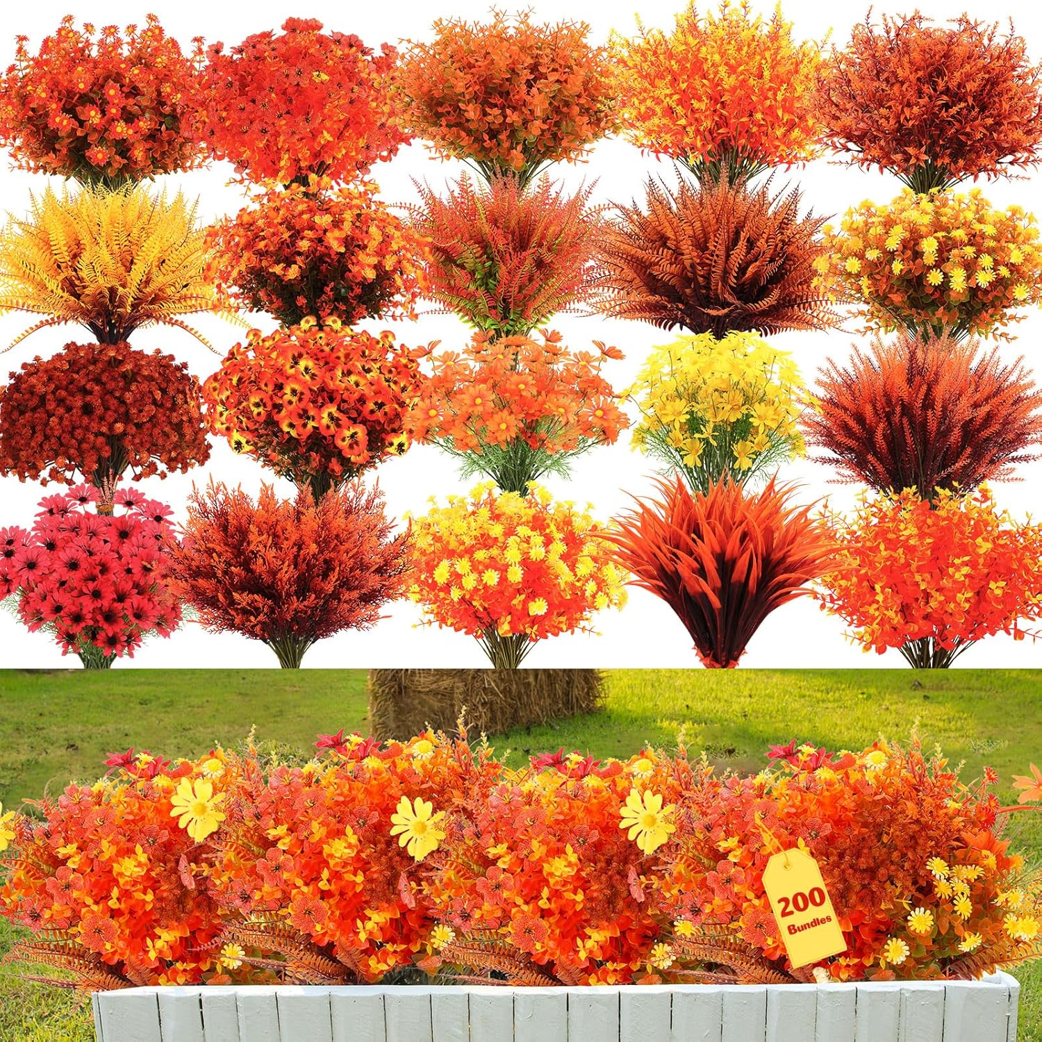 giegxin artificial fall flowers bulk for outdoors realistic outdoor faux plants uv resistant artificial wild flowers, plastic plants fake wheat violet for hanging garden porch window wall decor