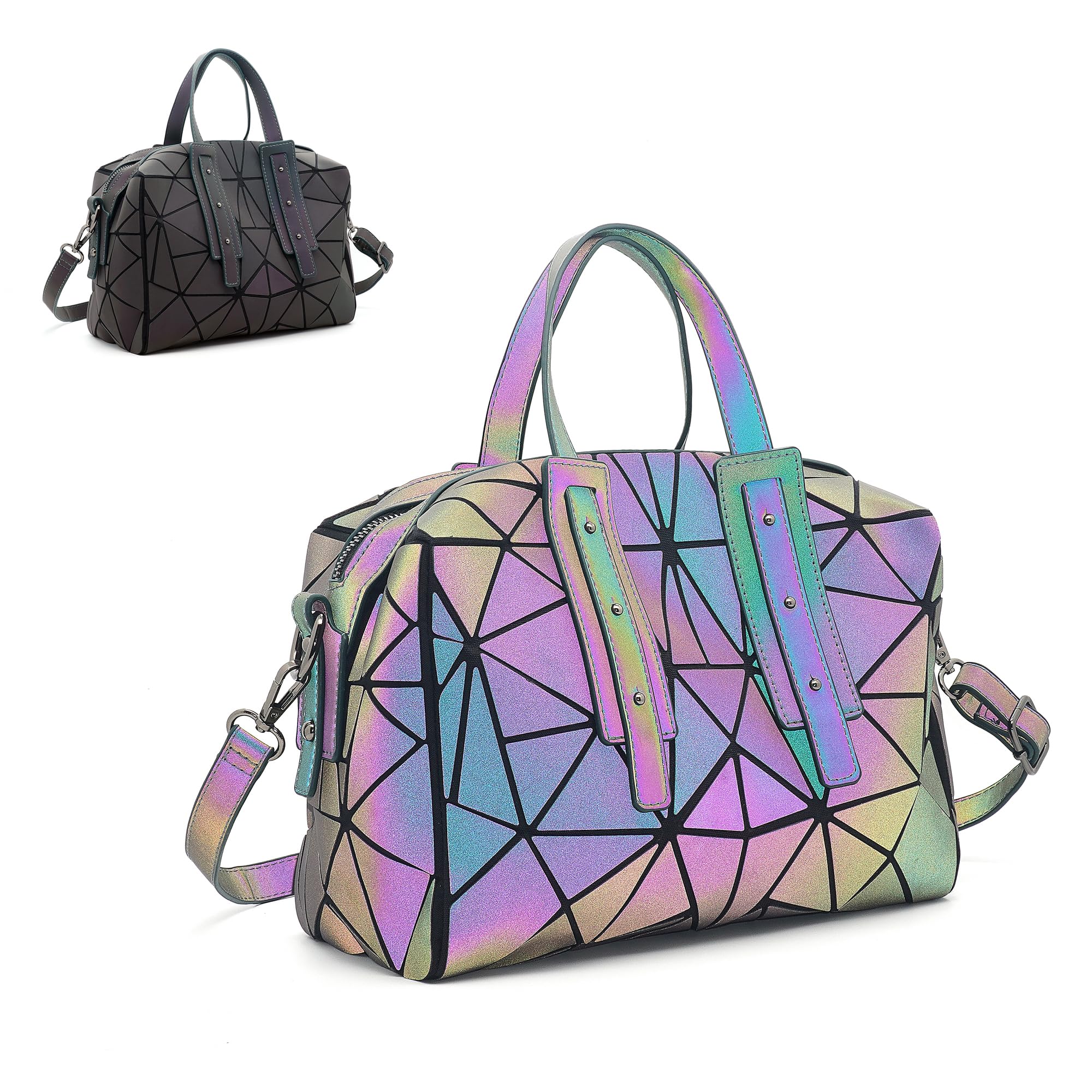 Borsa geometrica per le donne, borse e borse geometriche luminose, borse geometriche e borsa a tracolla olografica
